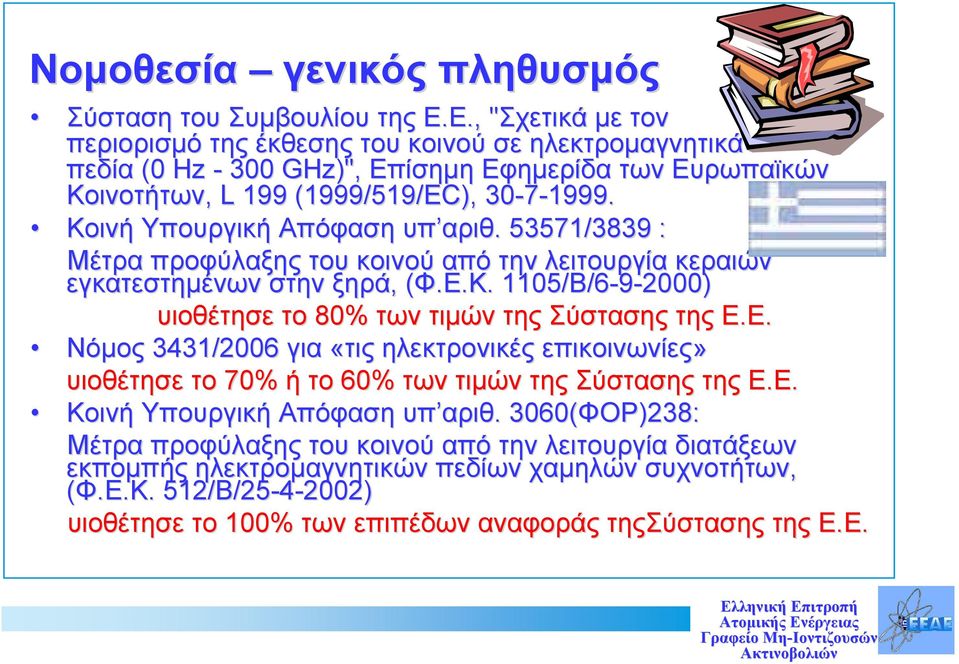 Κοινή Υπουργική Απόφαση υπ αριθ αριθ.. 53571/3839 : Μέτρα προφύλαξης του κοινού από την λειτουργία κεραιών εγκατεστημένων στην ξηρά,, (Φ