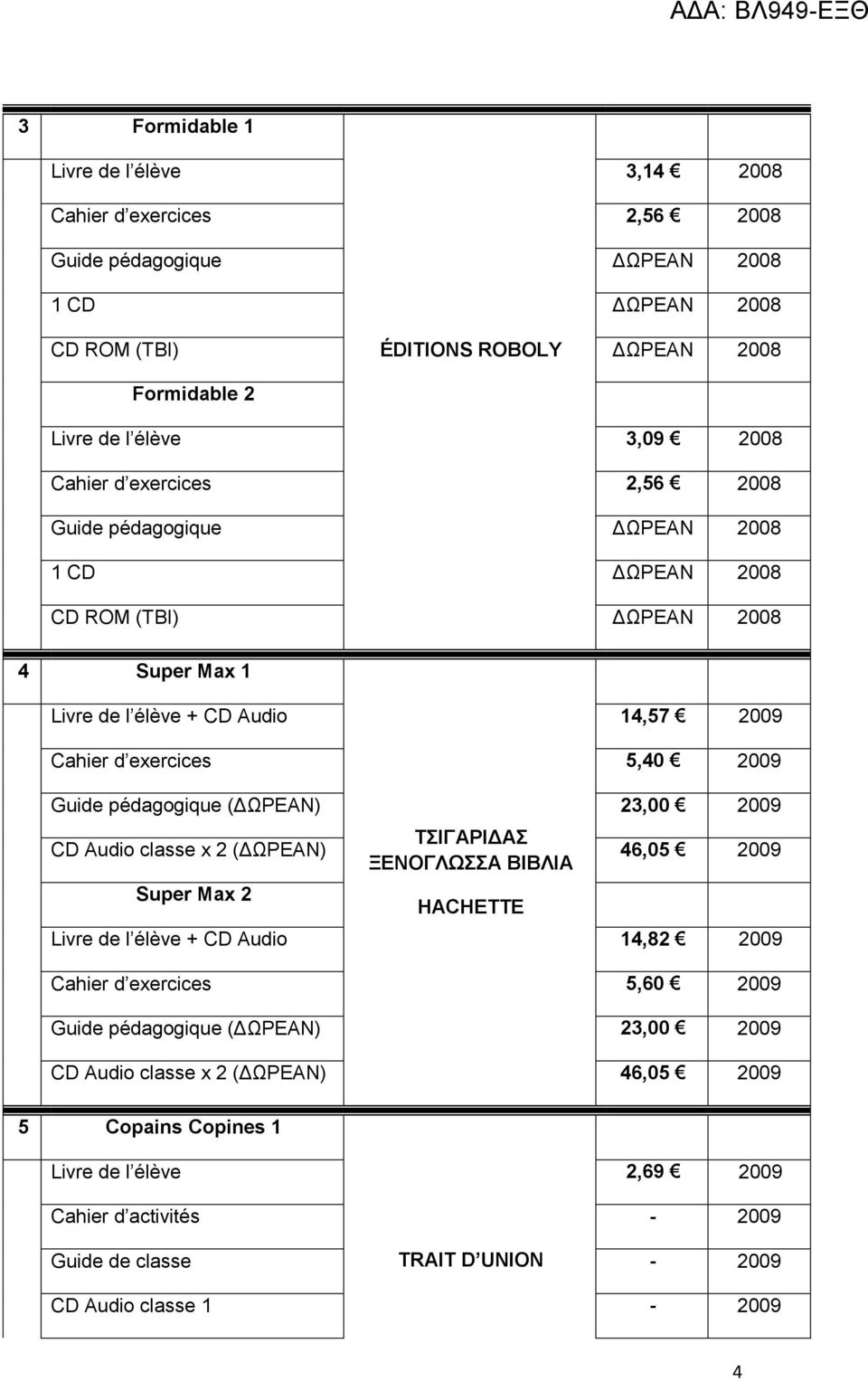 pédagogique (ΔΩΡΕΑΝ) 23,00 2009 CD Audio classe x 2 (ΔΩΡΕΑΝ) ΤΣΙΓΑΡΙΔΑΣ ΞΕΝΟΓΛΩΣΣΑ ΒΙΒΛΙΑ 46,05 2009 Super Max 2 Livre de l élève + CD Audio HACHETTE 14,82 2009 Cahier d exercices 5,60 2009 Guide