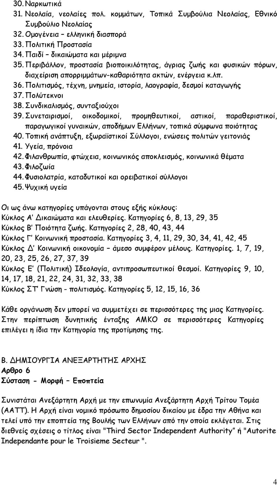 Πολύτεκνοι 38. Συνδικαλισμός, συνταξιούχοι 39. Συνεταιρισμοί, οικοδομικοί, προμηθευτικοί, αστικοί, παραθεριστικοί, παραγωγικοί γυναικών, αποδήμων Ελλήνων, τοπικά σύμφωνα ποιότητας 40.