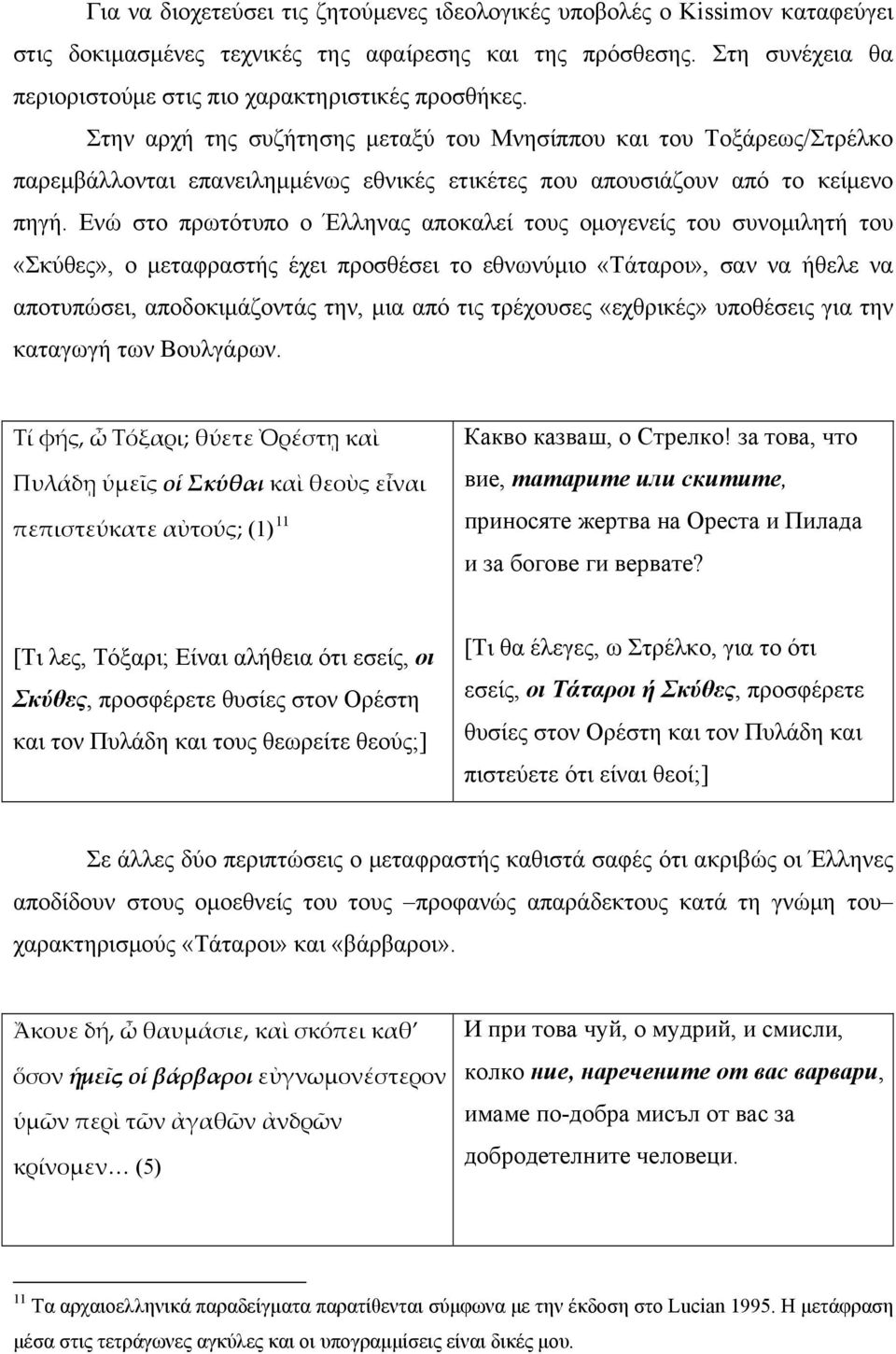 Στην αρχή της συζήτησης μεταξύ του Μνησίππου και του Τοξάρεως/Στρέλκο παρεμβάλλονται επανειλημμένως εθνικές ετικέτες που απουσιάζουν από το κείμενο πηγή.