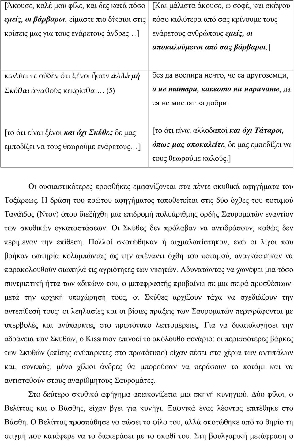 ] κωλύει τε οὐδὲν ὅτι ξένοι ἦσαν ἀλλὰ μὴ Σκύθαι ἀγαθοὺς κεκρίσθαι (5) без да воспира нечто, че са другоземци, а не татари, каквото ни наричате, да ся не мислят за добри.