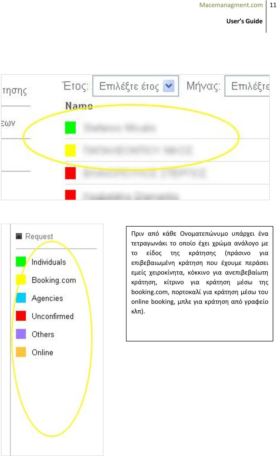 χειροκίνητα, κόκκινο για ανεπιβεβαίωτη κράτηση, κίτρινο για κράτηση μέσω της booking.