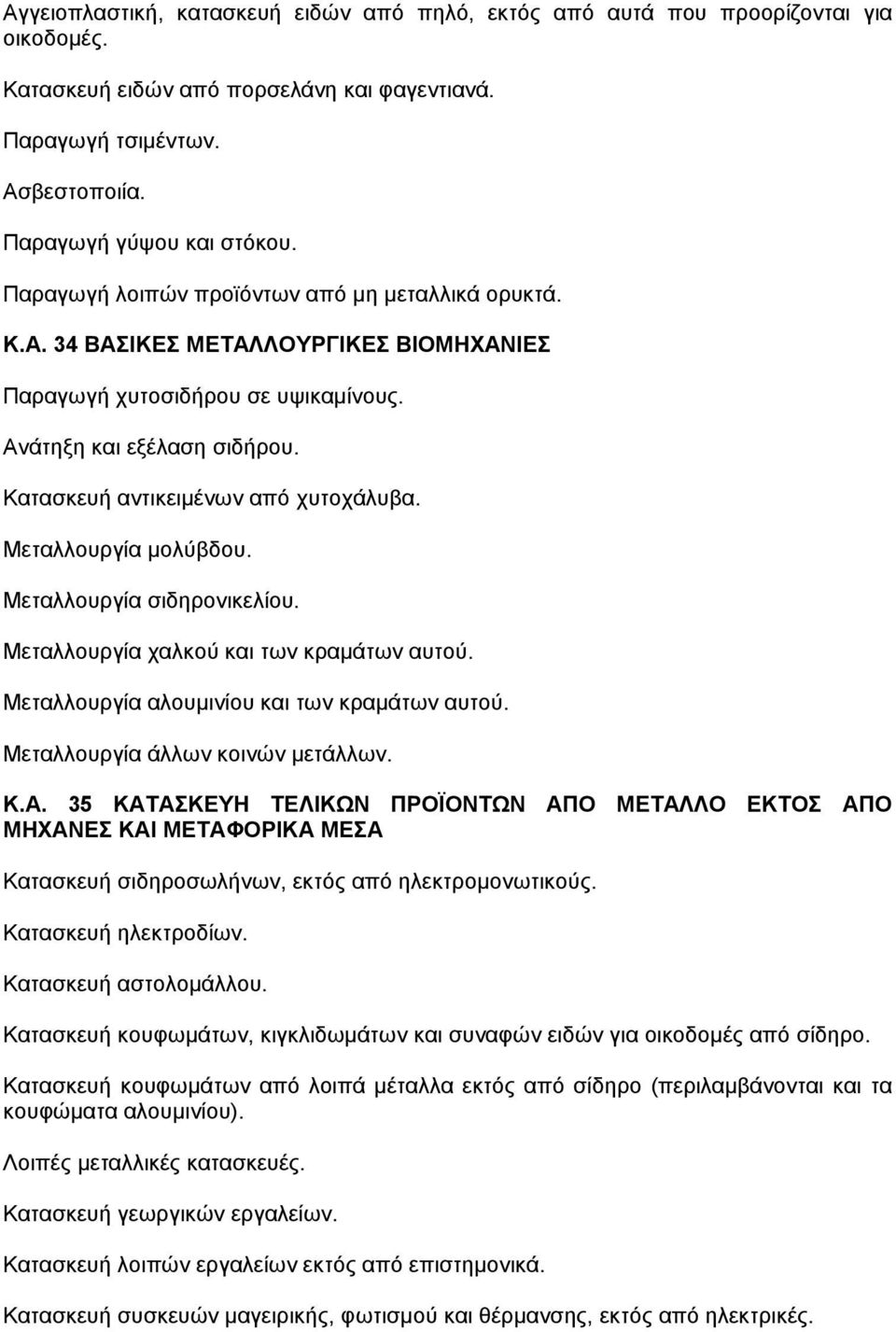 Μεταλλουργία µολύβδου. Μεταλλουργία σιδηρονικελίου. Μεταλλουργία χαλκού και των κραµάτων αυτού. Μεταλλουργία αλουµινίου και των κραµάτων αυτού. Μεταλλουργία άλλων κοινών µετάλλων. Κ.Α.