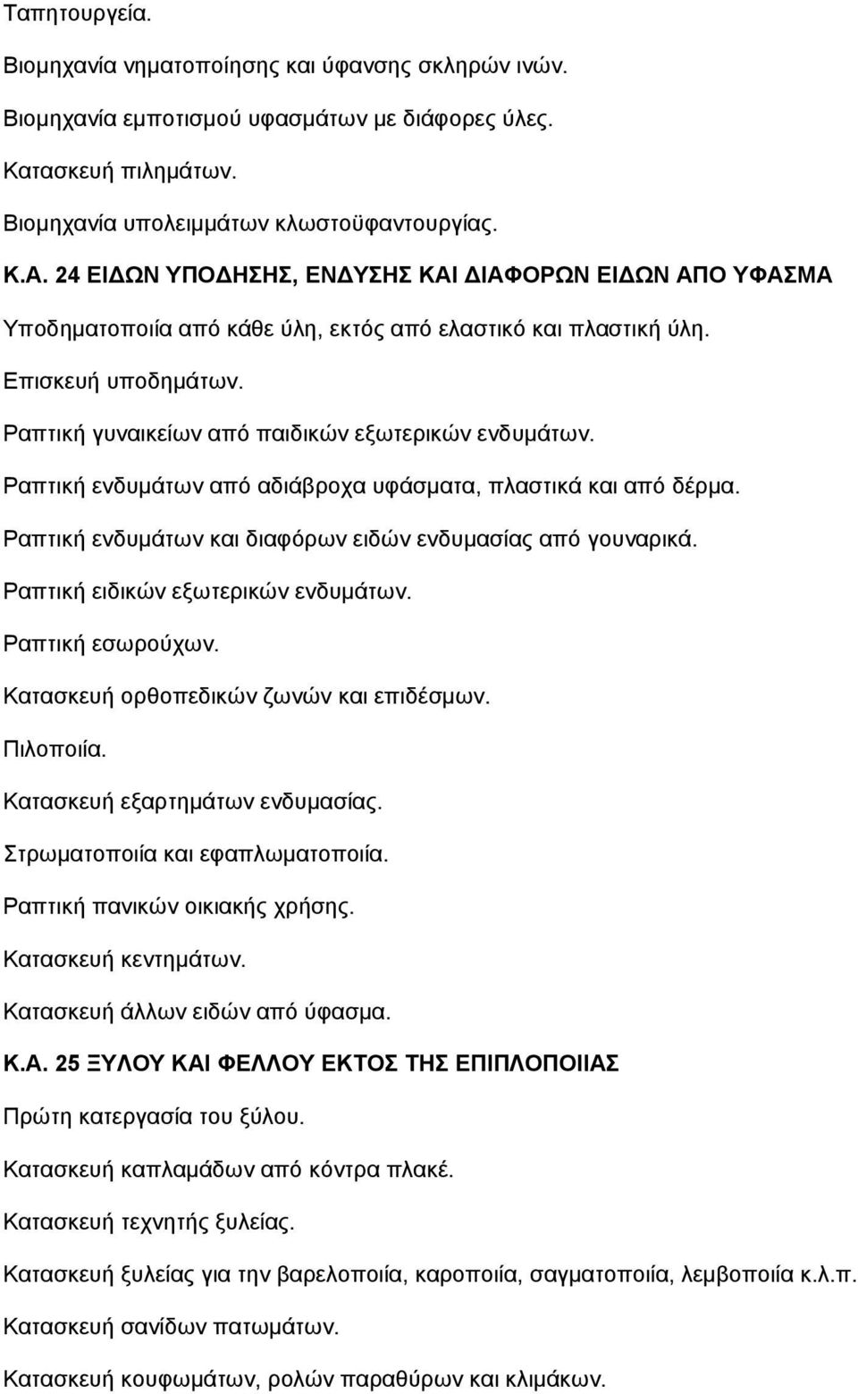 Ραπτική ενδυµάτων από αδιάβροχα υφάσµατα, πλαστικά και από δέρµα. Ραπτική ενδυµάτων και διαφόρων ειδών ενδυµασίας από γουναρικά. Ραπτική ειδικών εξωτερικών ενδυµάτων. Ραπτική εσωρούχων.