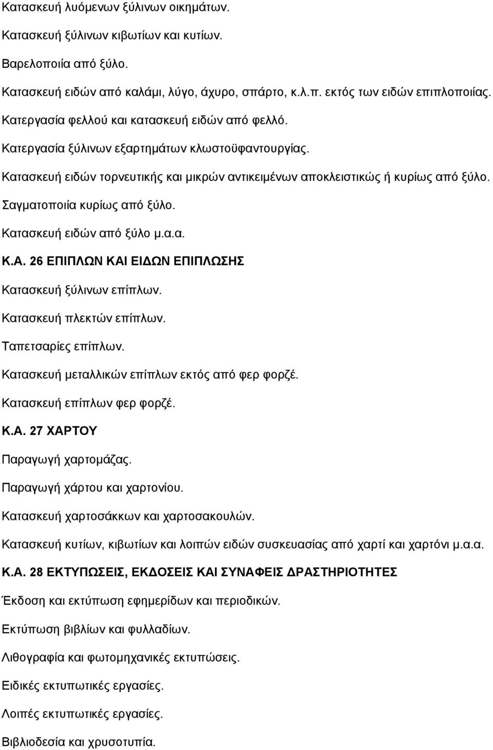 Σαγµατοποιία κυρίως από ξύλο. Κατασκευή ειδών από ξύλο µ.α.α. Κ.Α. 26 ΕΠΙΠΛΩΝ ΚΑΙ ΕΙ ΩΝ ΕΠΙΠΛΩΣΗΣ Κατασκευή ξύλινων επίπλων. Κατασκευή πλεκτών επίπλων. Ταπετσαρίες επίπλων.