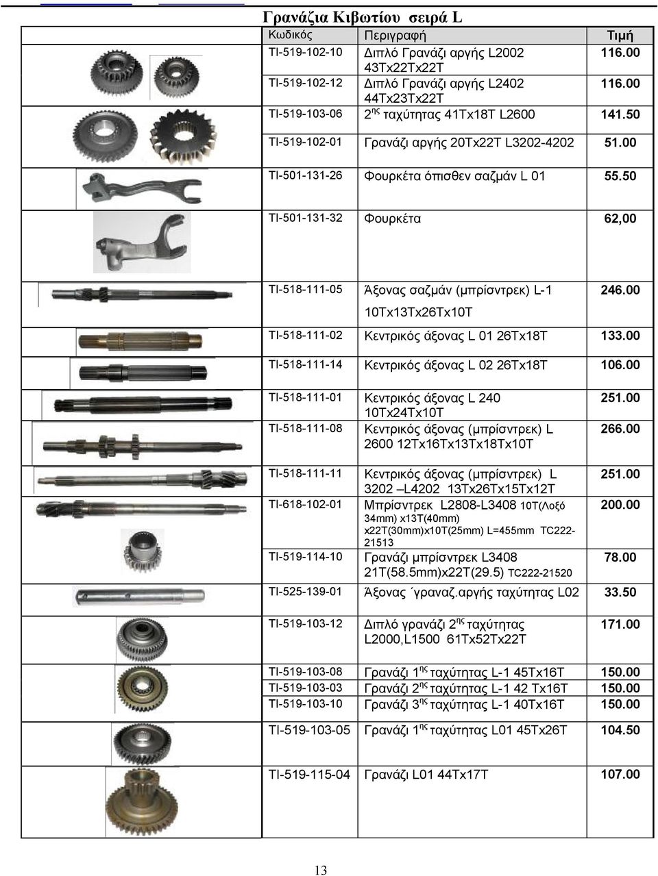 50 TI-501-131-32 Φουρκέτα 62,00 ΤΙ-518-111-05 Άξονας σαζμάν (μπρίσντρεκ) L-1 246.00 10Τx13Tx26Tx10T TI-518-111-02 Κεντρικός άξονας L 01 26Tx18T 133.00 TI-518-111-14 Κεντρικός άξονας L 02 26Tx18T 106.