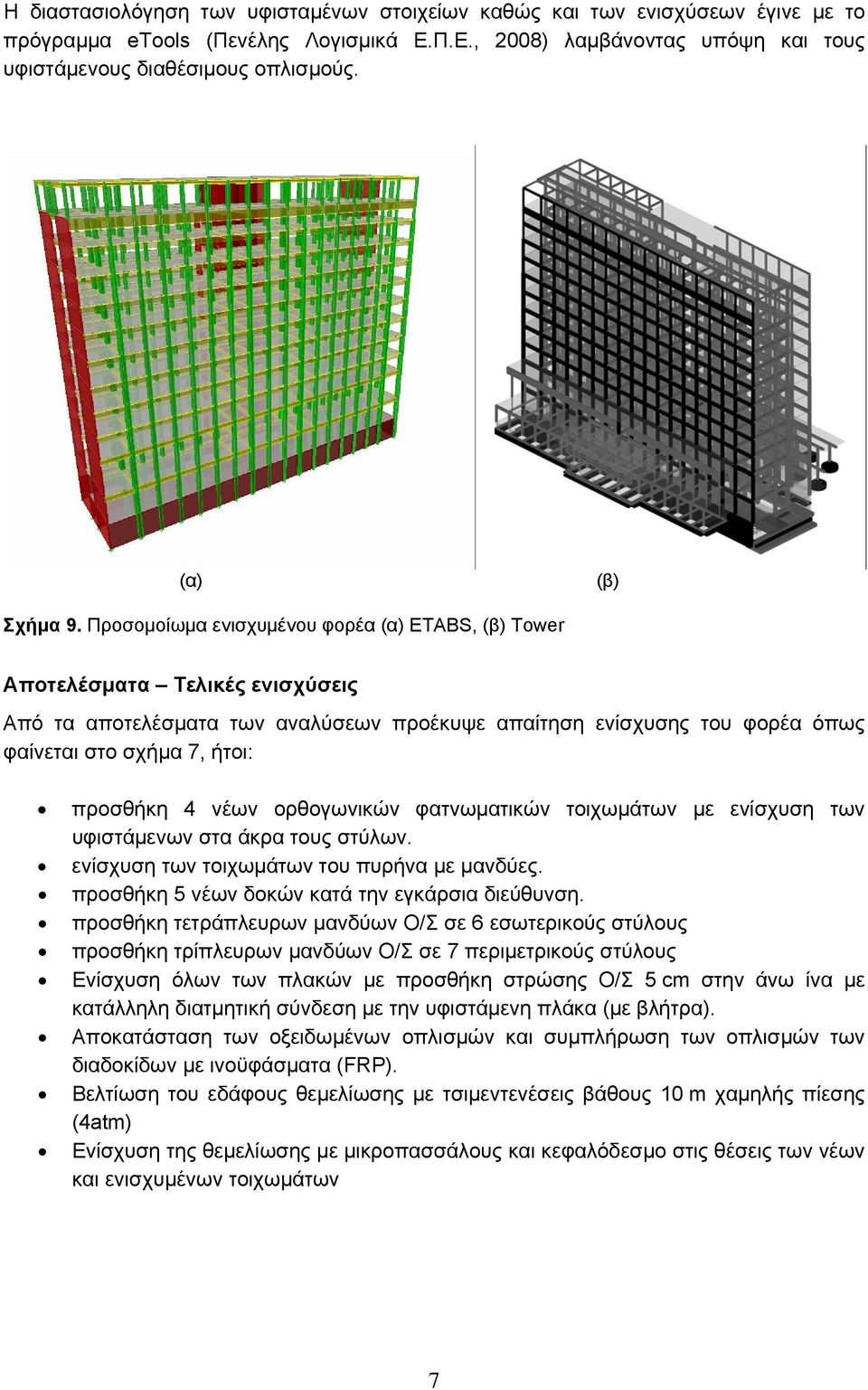 Προσομοίωμα ενισχυμένου φορέα (α) ETABS, (β) Tower Αποτελέσματα Τελικές ενισχύσεις Από τα αποτελέσματα των αναλύσεων προέκυψε απαίτηση ενίσχυσης του φορέα όπως φαίνεται στο σχήμα 7, ήτοι: προσθήκη 4