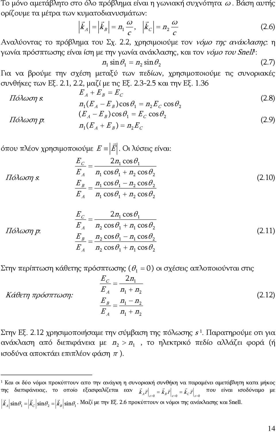 7) Για να βρούμε την σχέση μεταξύ των πεδίων, χρησιμοποιούμε τις συνοριακές συνθήκες των Εξ..,., μαζί με τις Εξ..3-.5 και την Εξ..36 Πόλωση s: E A E B E C n( E A E B )cosθ ne C cosθ (.