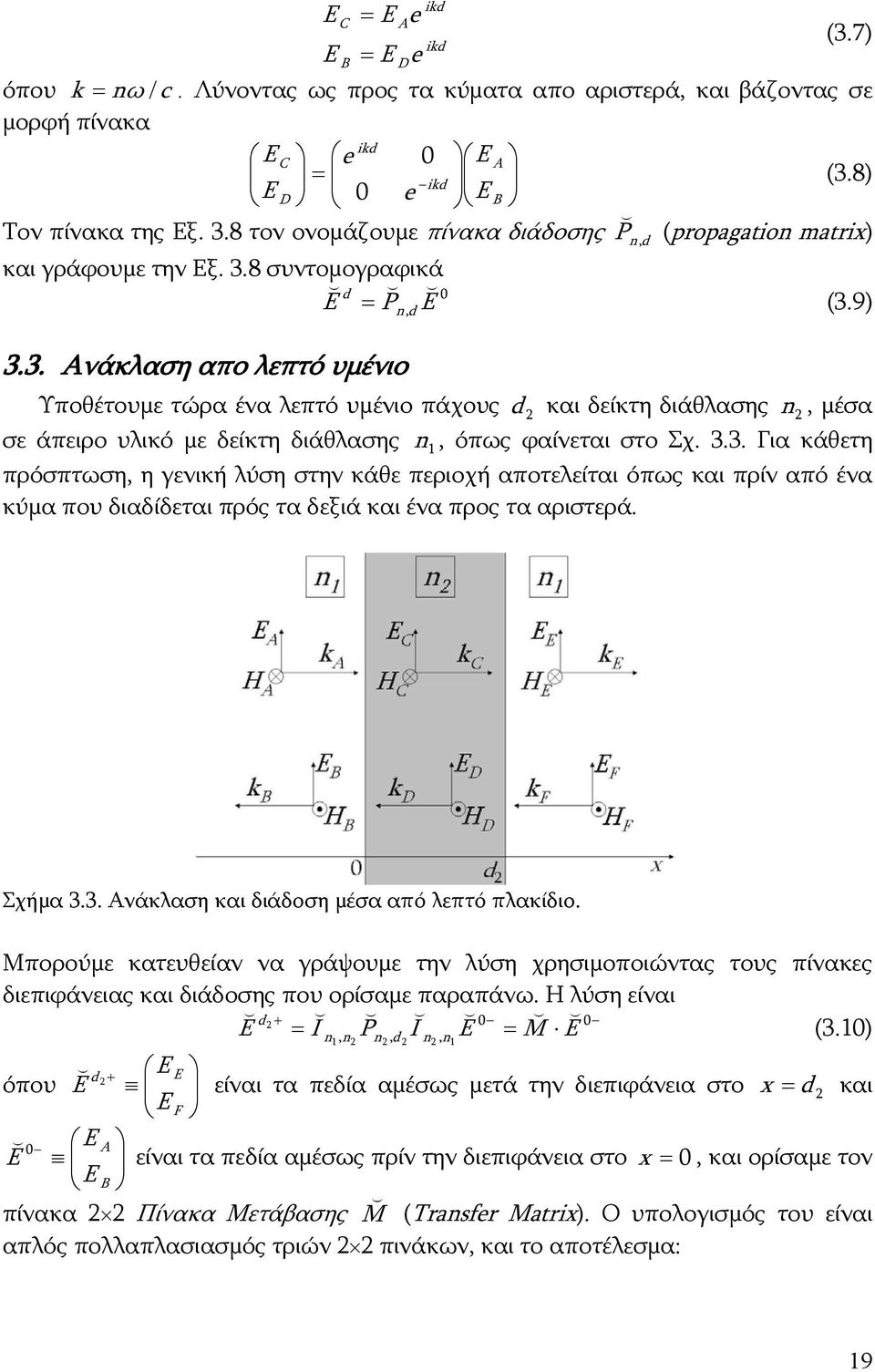 8 συντομογραφικά d E P (3.9) 3.3. Ανάκλαση απο λεπτό υμένιο n, d E Υποθέτουμε τώρα ένα λεπτό υμένιο πάχους d και δείκτη διάθλασης n, μέσα σε άπειρο υλικό με δείκτη διάθλασης n, όπως φαίνεται στο Σχ.