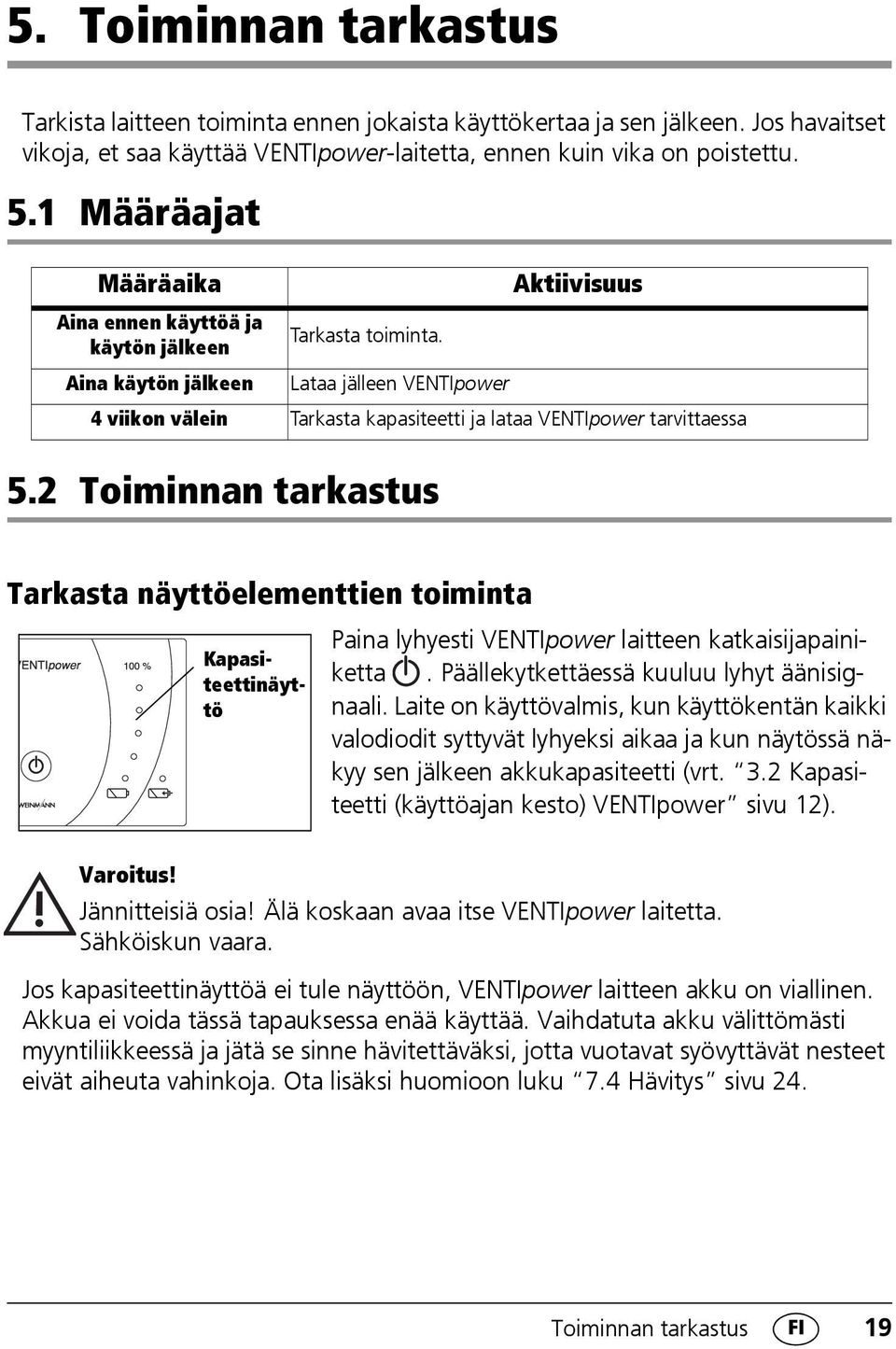 Aina käytön jälkeen Lataa jälleen VENTIpower 4 viikon välein Tarkasta kapasiteetti ja lataa VENTIpower tarvittaessa Tarkasta näyttöelementtien toiminta Kapasiteettinäyttö Paina lyhyesti VENTIpower