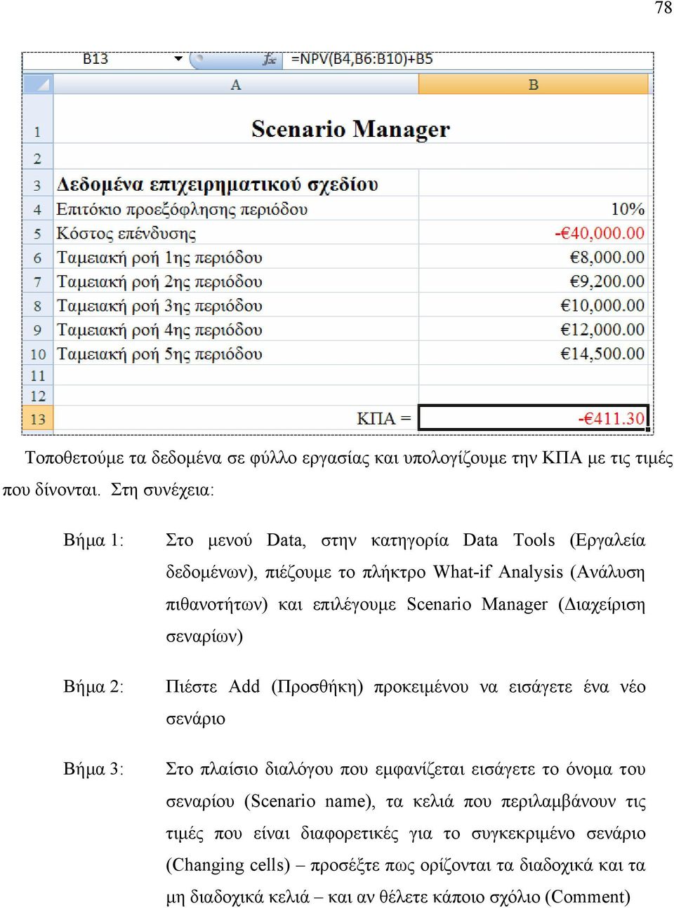 επιλέγουµε Scenario Manager ( ιαχείριση σεναρίων) Πιέστε Add (Προσθήκη) προκειµένου να εισάγετε ένα νέο σενάριο Στο πλαίσιο διαλόγου που εµφανίζεται εισάγετε το