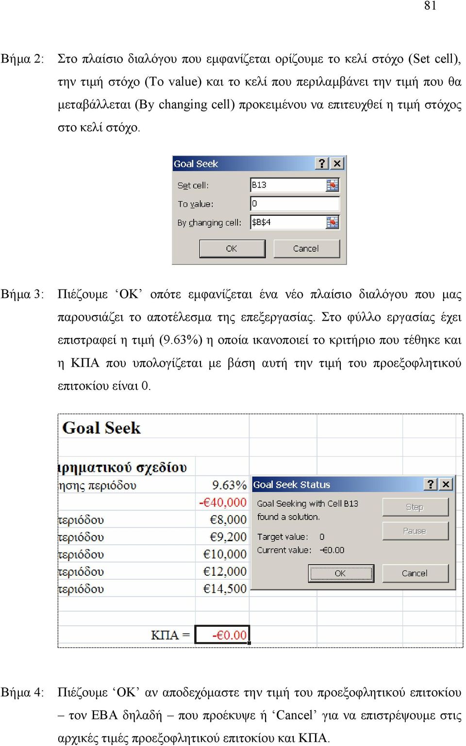 Στο φύλλο εργασίας έχει επιστραφεί η τιµή (9.63%) η οποία ικανοποιεί το κριτήριο που τέθηκε και η ΚΠΑ που υπολογίζεται µε βάση αυτή την τιµή του προεξοφλητικού επιτοκίου είναι 0.