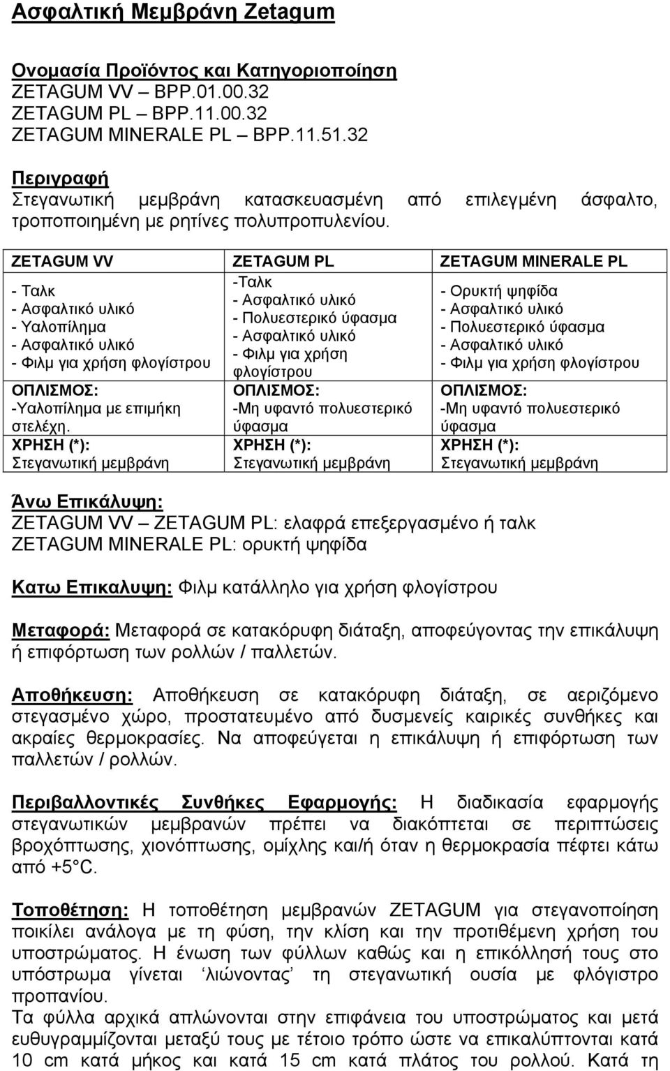 ZETAGUM VV ZETAGUM PL ZETAGUM MINERALE PL -Ταλκ - Ταλκ - Υαλοπίληµα - Φιλµ για χρήση φλογίστρου -Υαλοπίληµα µε επιµήκη στελέχη.