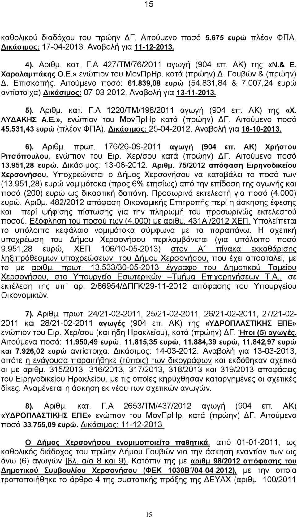 Αναβολή για 13-11-2013. 5). Αριθμ. κατ. Γ.Α 1220/ΤΜ/198/2011 αγωγή (904 επ. ΑΚ) της «Χ. ΛΥΔΑΚΗΣ Α.Ε.», ενώπιον του ΜονΠρΗρ κατά (πρώην) ΔΓ. Αιτούμενο ποσό 45.531,43 ευρώ (πλέον ΦΠΑ).