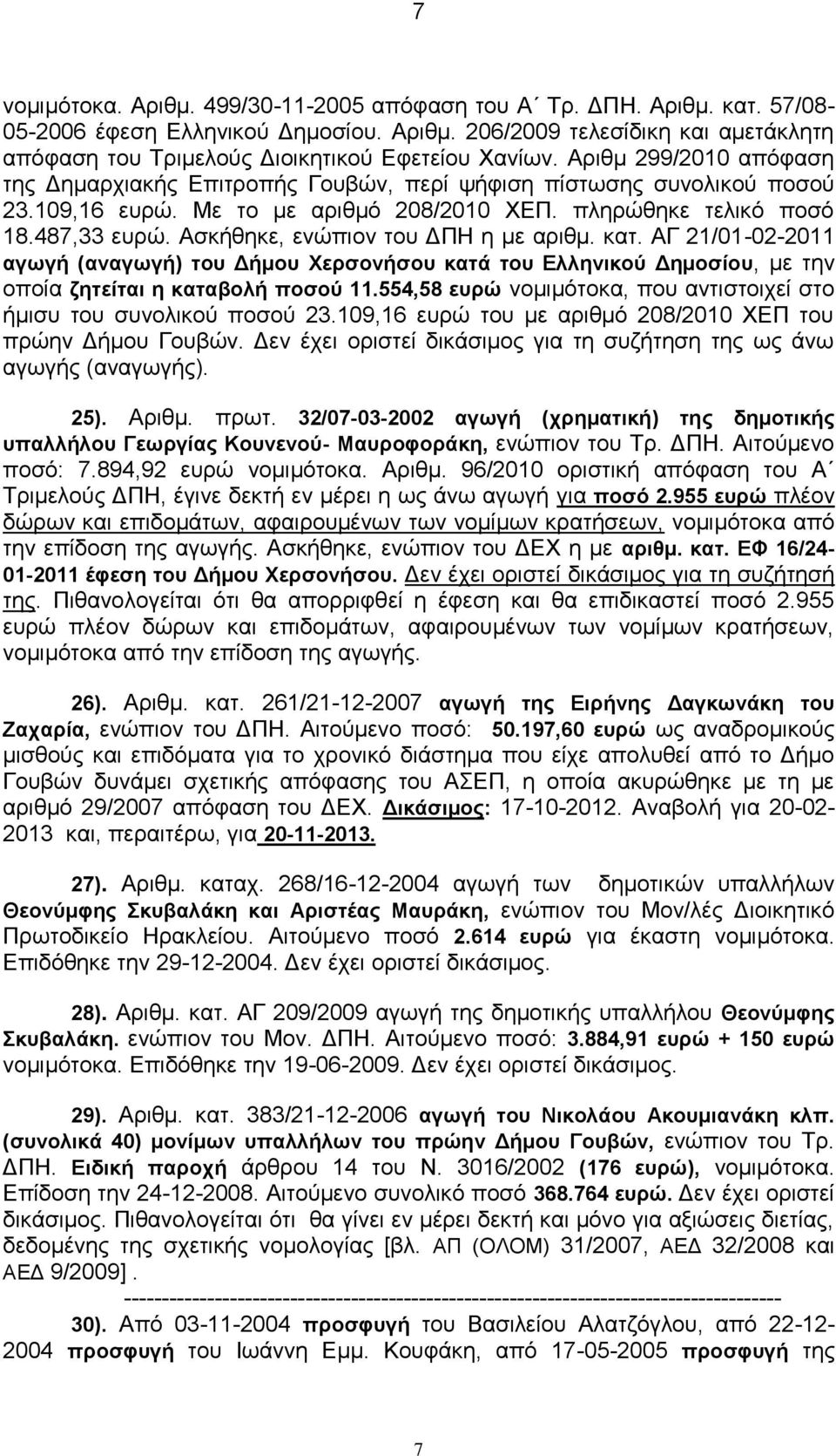 Ασκήθηκε, ενώπιον του ΔΠΗ η με αριθμ. κατ. ΑΓ 21/01-02-2011 αγωγή (αναγωγή) του Δήμου Χερσονήσου κατά του Ελληνικού Δημοσίου, με την οποία ζητείται η καταβολή ποσού 11.