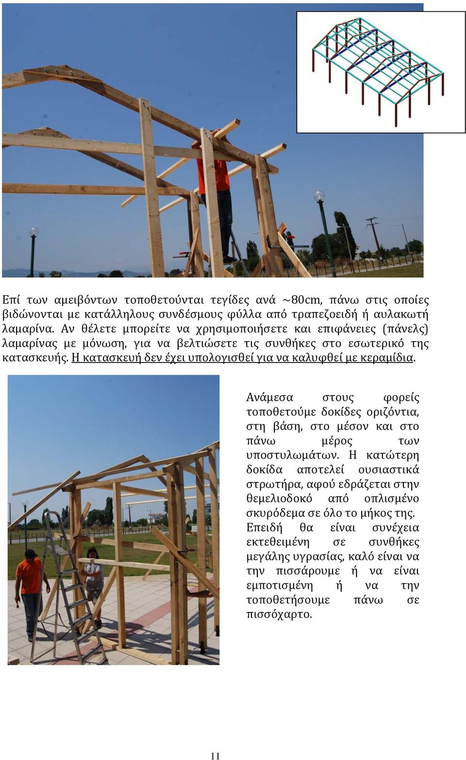 Η κατασκευή δεν έχει υπολογισθεί για να καλυφθεί με κεραμίδια. Ανάμεσα στους φορείς τοποθετούμε δοκίδες οριζόντια, στη βάση, στο μέσον και στο πάνω μέρος των υποστυλωμάτων.