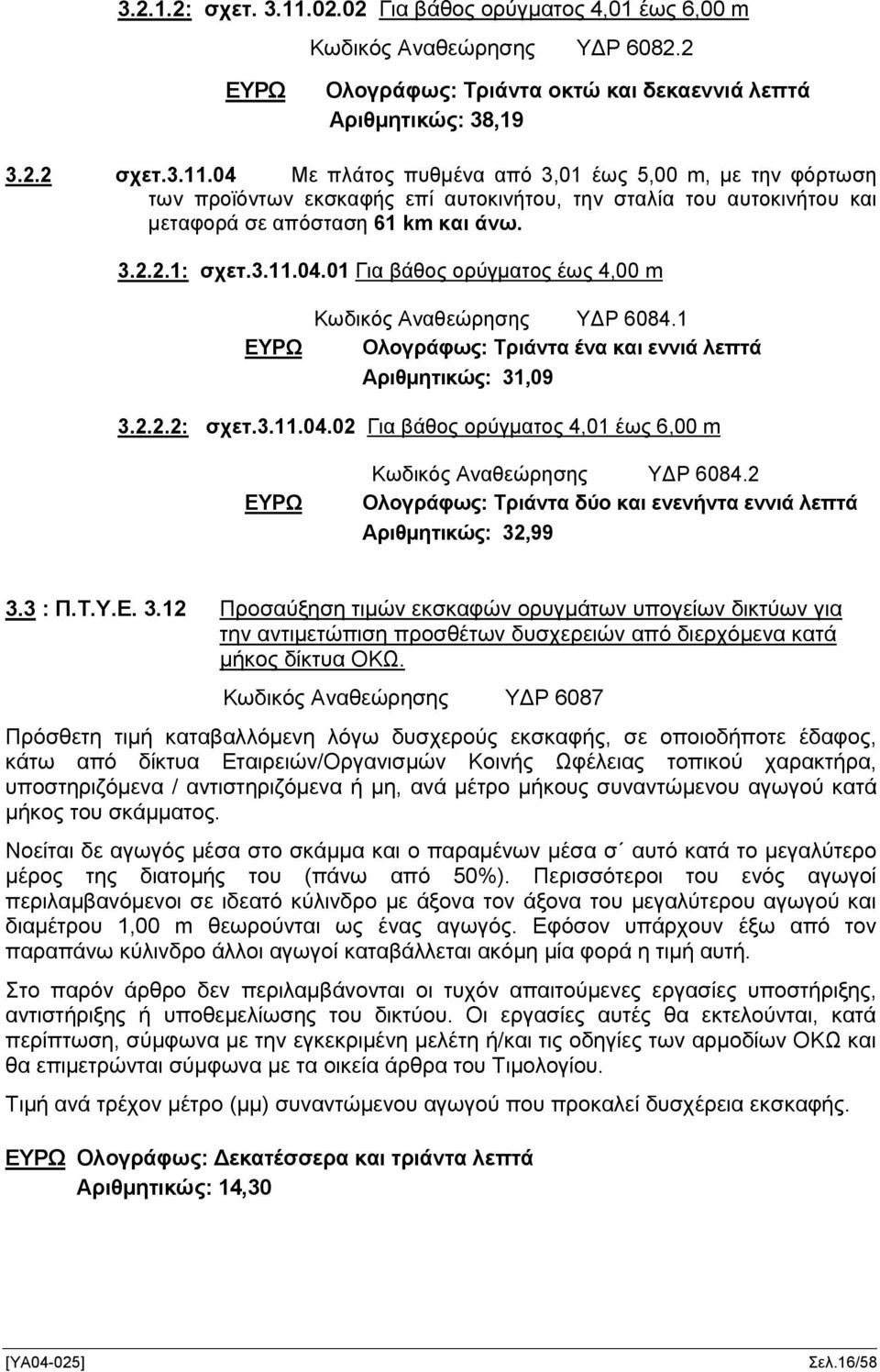2 Ολογράφως: Τριάντα δύο και ενενήντα εννιά λεπτά Αριθμητικώς: 32,99 3.3 : Π.Τ.Υ.Ε. 3.12 Προσαύξηση τιμών εκσκαφών ορυγμάτων υπογείων δικτύων για την αντιμετώπιση προσθέτων δυσχερειών από διερχόμενα κατά μήκος δίκτυα ΟΚΩ.