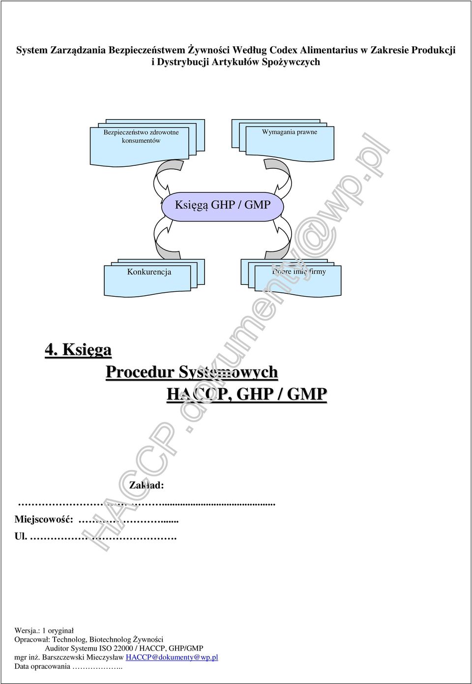 Księga Procedur Systemowych HACCP, GHP / GMP Zakład:... Miejscowość:... Ul.. Wersja.