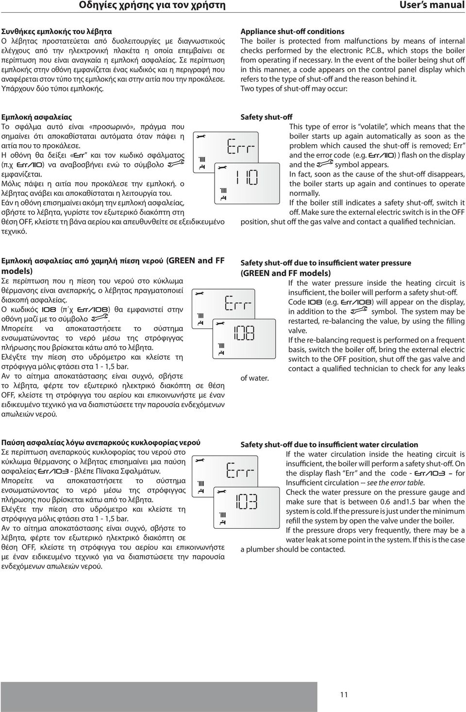 Appliance shut-off conditions The boiler is protected from malfunctions by means of internal checks performed by the electronic P.C.B., which stops the boiler from operating if necessary.