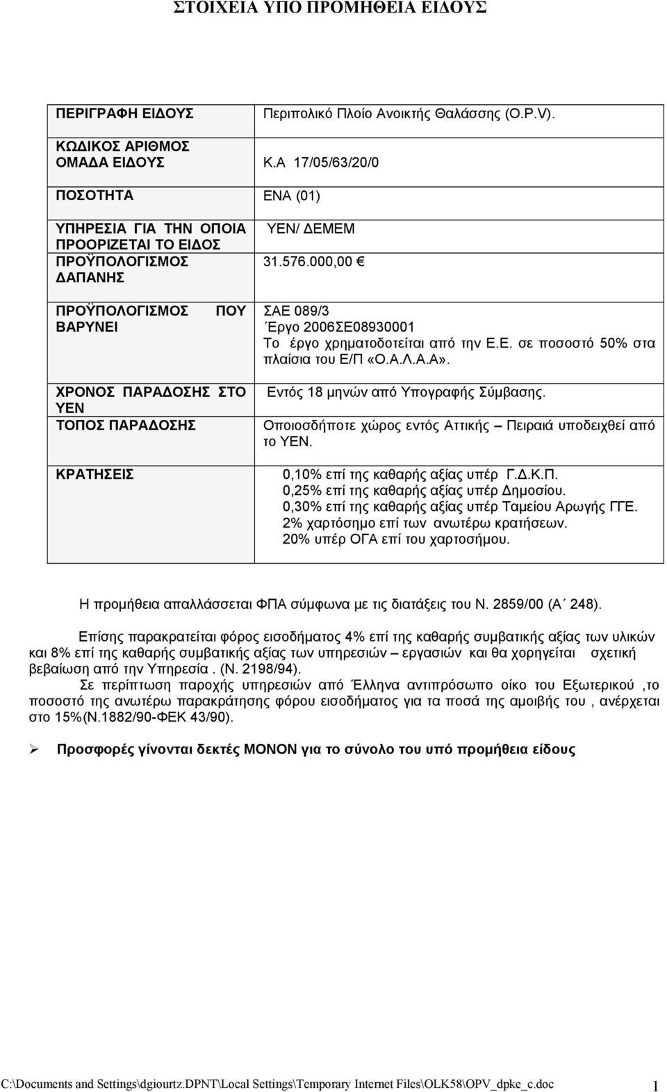 000,00 ΠΡΟΫΠΟΛΟΓΙΣΜΟΣ ΒΑΡΥΝΕΙ ΠΟΥ ΣΑΕ 089/3 Εργο 2006ΣΕ08930001 Το έργο χρηματοδοτείται από την Ε.Ε. σε ποσοστό 50% στα πλαίσια του Ε/Π «Ο.Α.Λ.Α.Α».