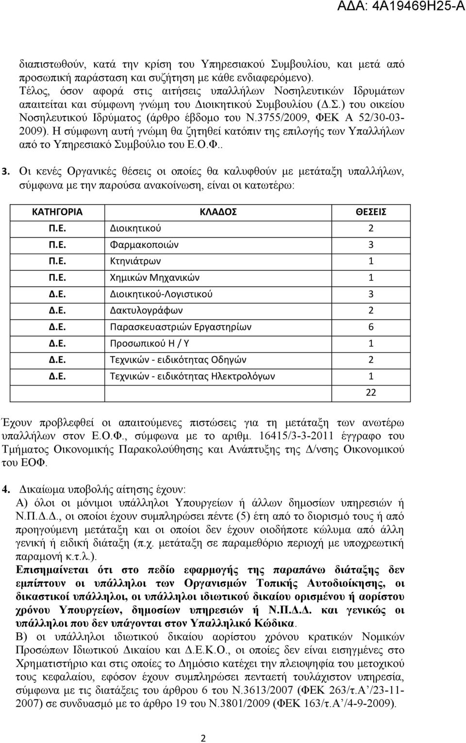 3755/2009, ΦΕΚ Α 52/30-03- 2009). Η σύμφωνη αυτή γνώμη θα ζητηθεί κατόπιν της επιλογής των Υπαλλήλων από το Υπηρεσιακό Συμβούλιο του Ε.Ο.Φ.. 3.