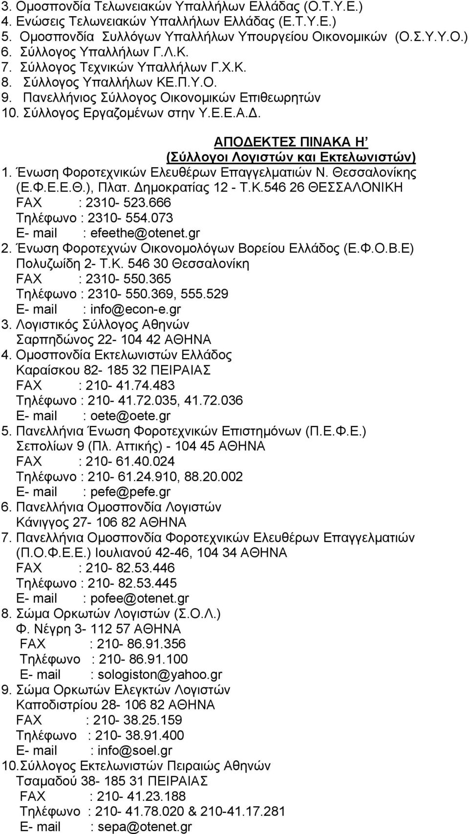 ΑΠΟΔΕΚΤΕΣ ΠΙΝΑΚΑ Η (Σύλλογοι Λογιστών και Εκτελωνιστών) 1. Ένωση Φοροτεχνικών Ελευθέρων Επαγγελματιών Ν. Θεσσαλονίκης (Ε.Φ.Ε.Ε.Θ.), Πλατ. Δημοκρατίας 12 - Τ.Κ.546 26 ΘΕΣΣΑΛΟΝΙΚΗ FAX : 2310-523.