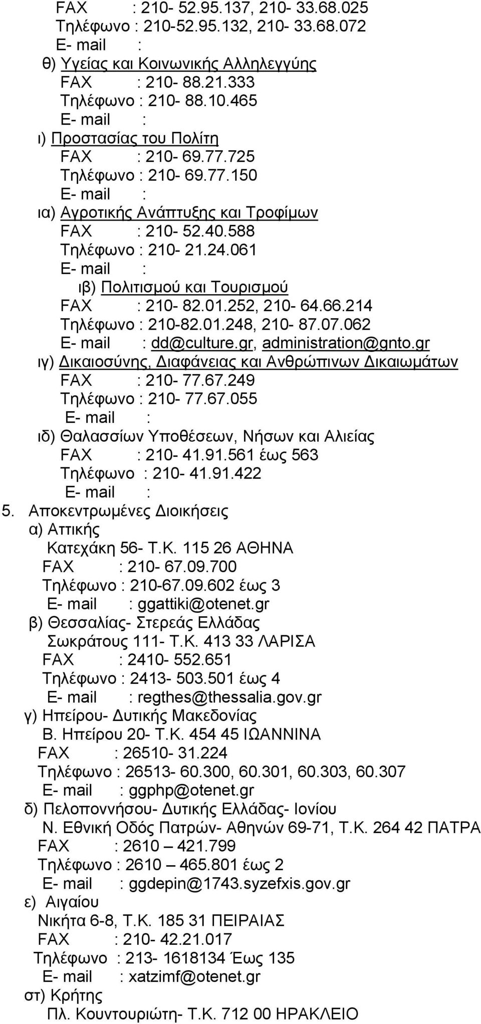 07.062 dd@culture.gr, administration@gnto.gr ιγ) Δικαιοσύνης, Διαφάνειας και Ανθρώπινων Δικαιωμάτων FAX : 210-77.67.249 Τηλέφωνο : 210-77.67.055 ιδ) Θαλασσίων Υποθέσεων, Νήσων και Αλιείας FAX : 210-41.