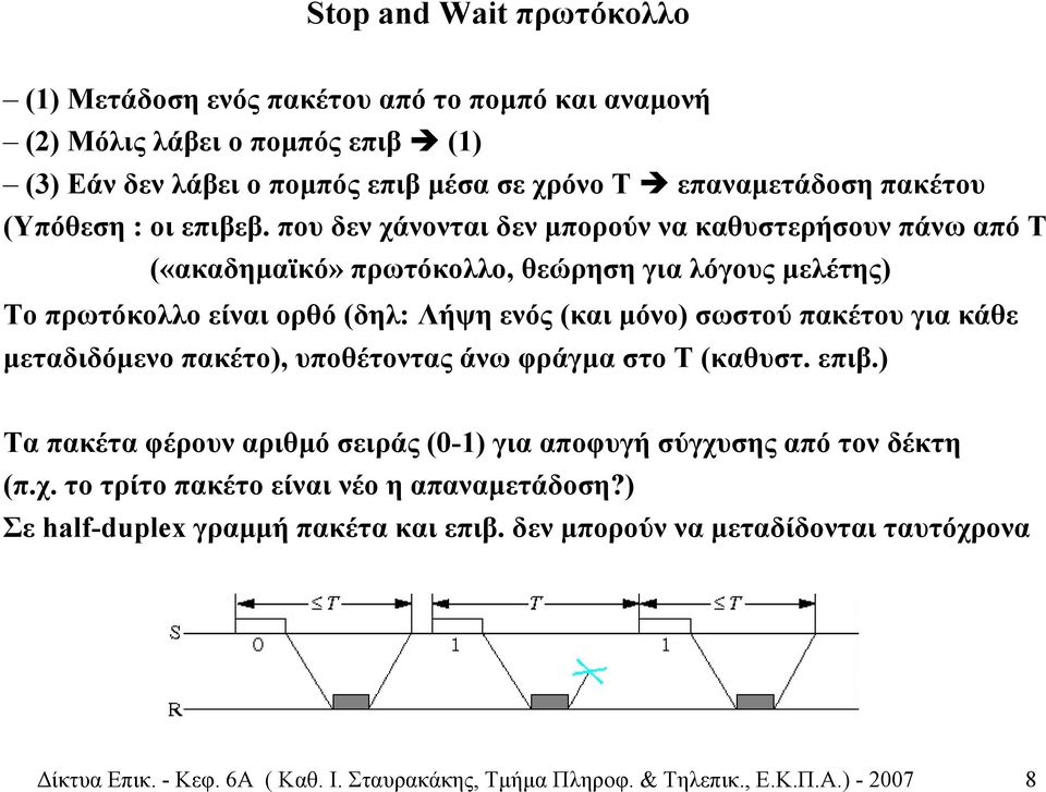 που δεν χάνονται δεν µπορούν να καθυστερήσουν πάνω από Τ («ακαδηµαϊκό» πρωτόκολλο, θεώρηση για λόγους µελέτης) Το πρωτόκολλο είναι ορθό (δηλ: Λήψη ενός (και µόνο) σωστού πακέτου για