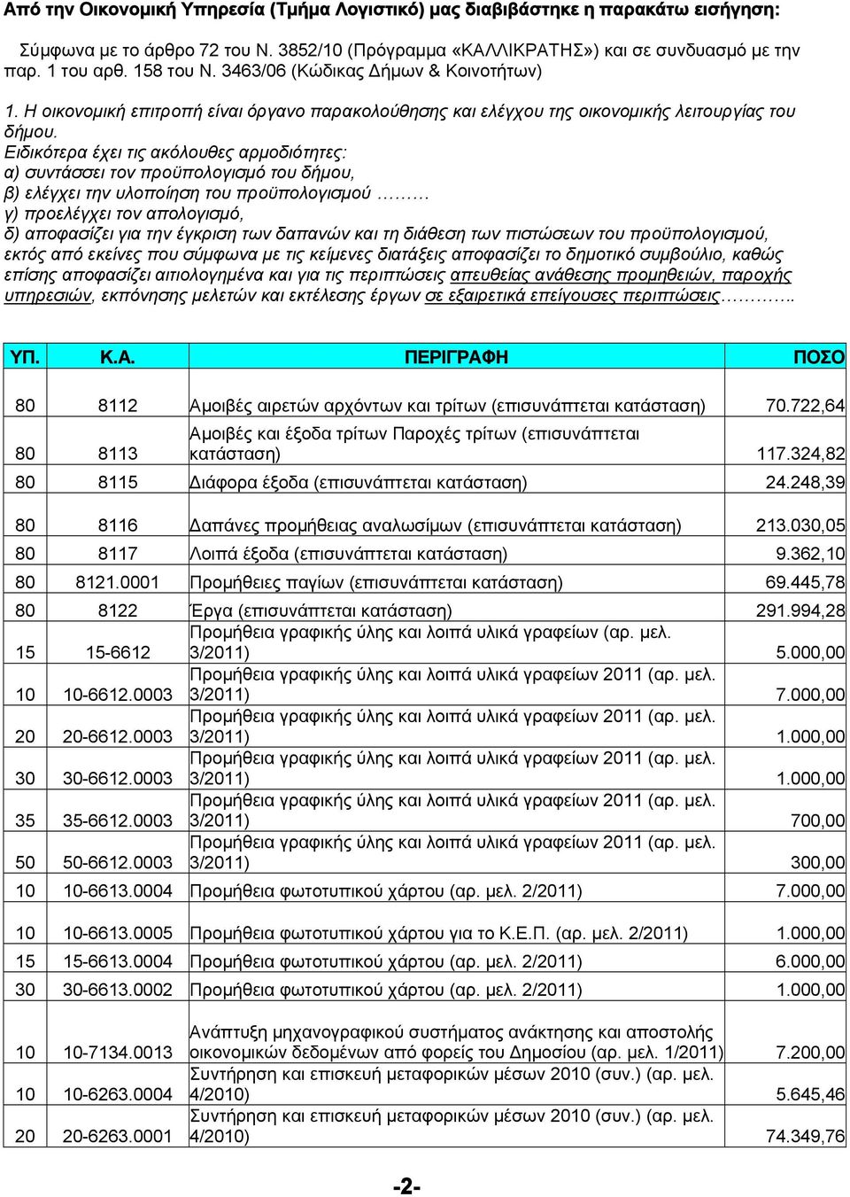 Ειδικότερα έχει τις ακόλουθες αρμοδιότητες: α) συντάσσει τον προϋπολογισμό του δήμου, β) ελέγχει την υλοποίηση του προϋπολογισμού γ) προελέγχει τον απολογισμό, δ) αποφασίζει για την έγκριση των