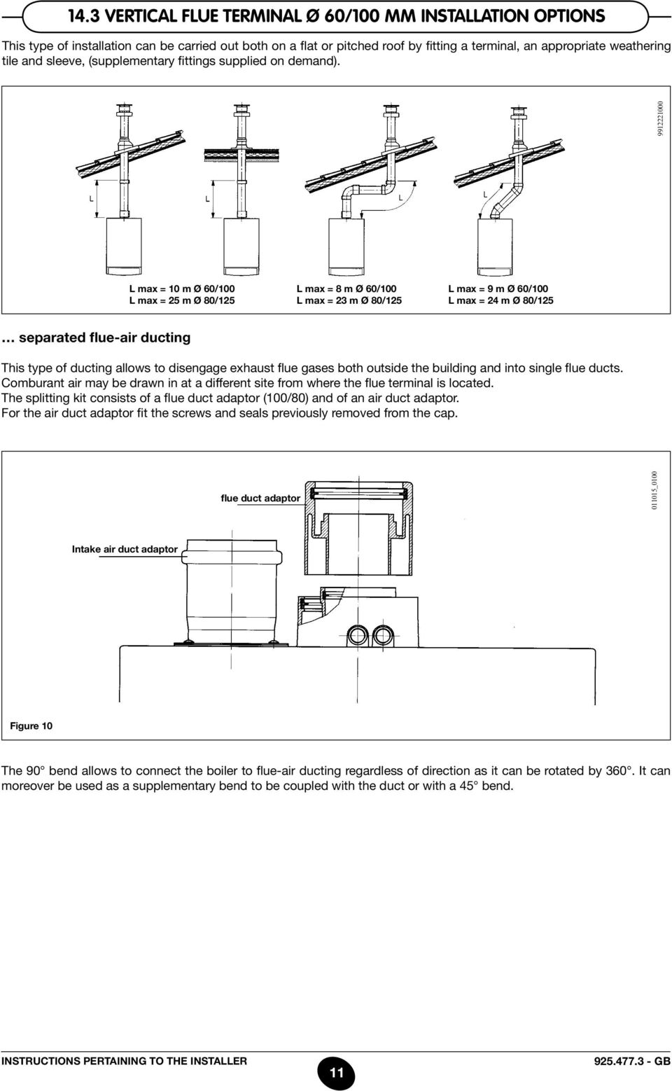 9912221000 L max = 10 m Ø 60/100 L max = 25 m Ø 80/125 L max = 8 m Ø 60/100 L max = 23 m Ø 80/125 L max = 9 m Ø 60/100 L max = 24 m Ø 80/125 separated flue-air ducting This type of ducting allows to