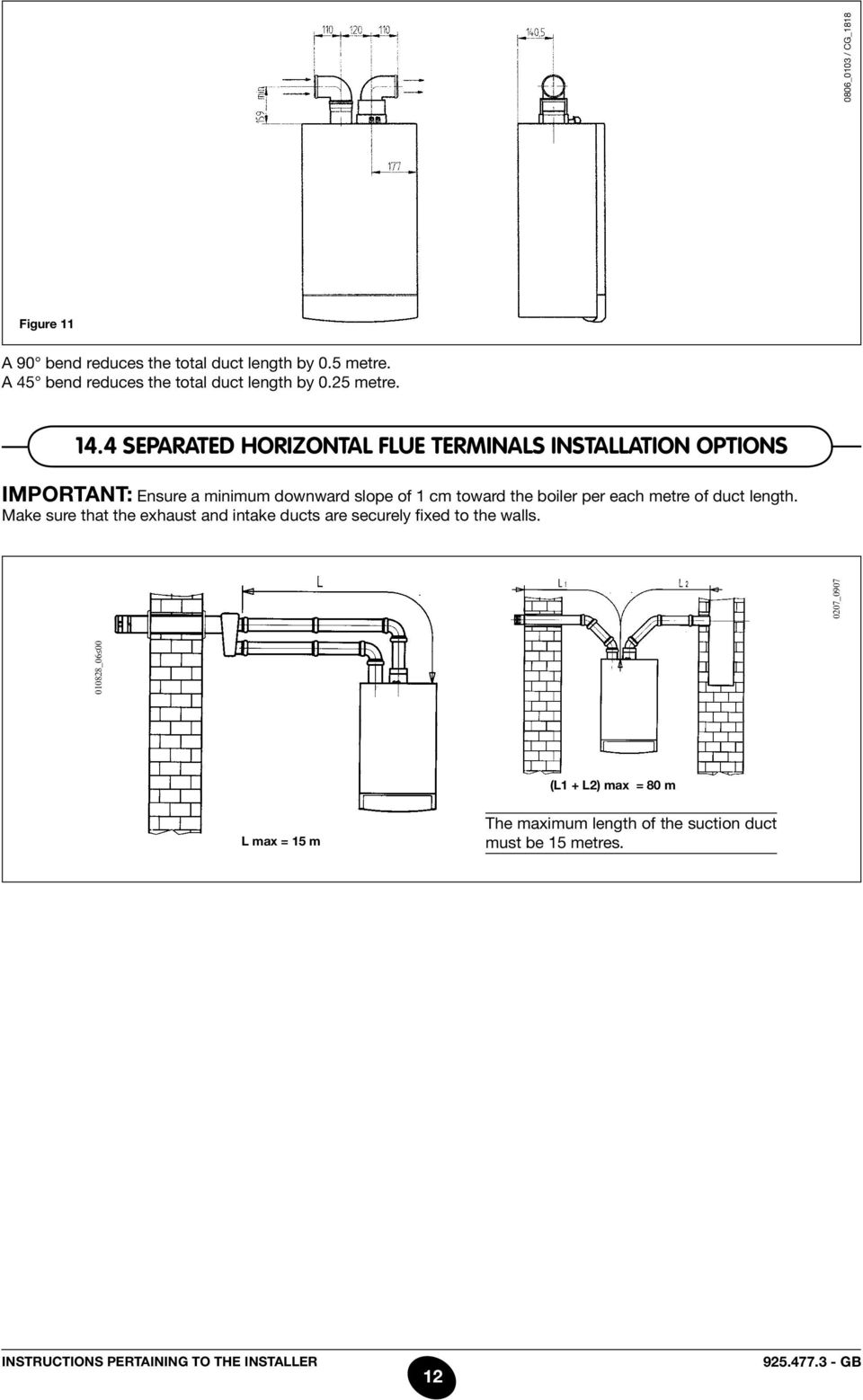 each metre of duct length. Make sure that the exhaust and intake ducts are securely fixed to the walls.