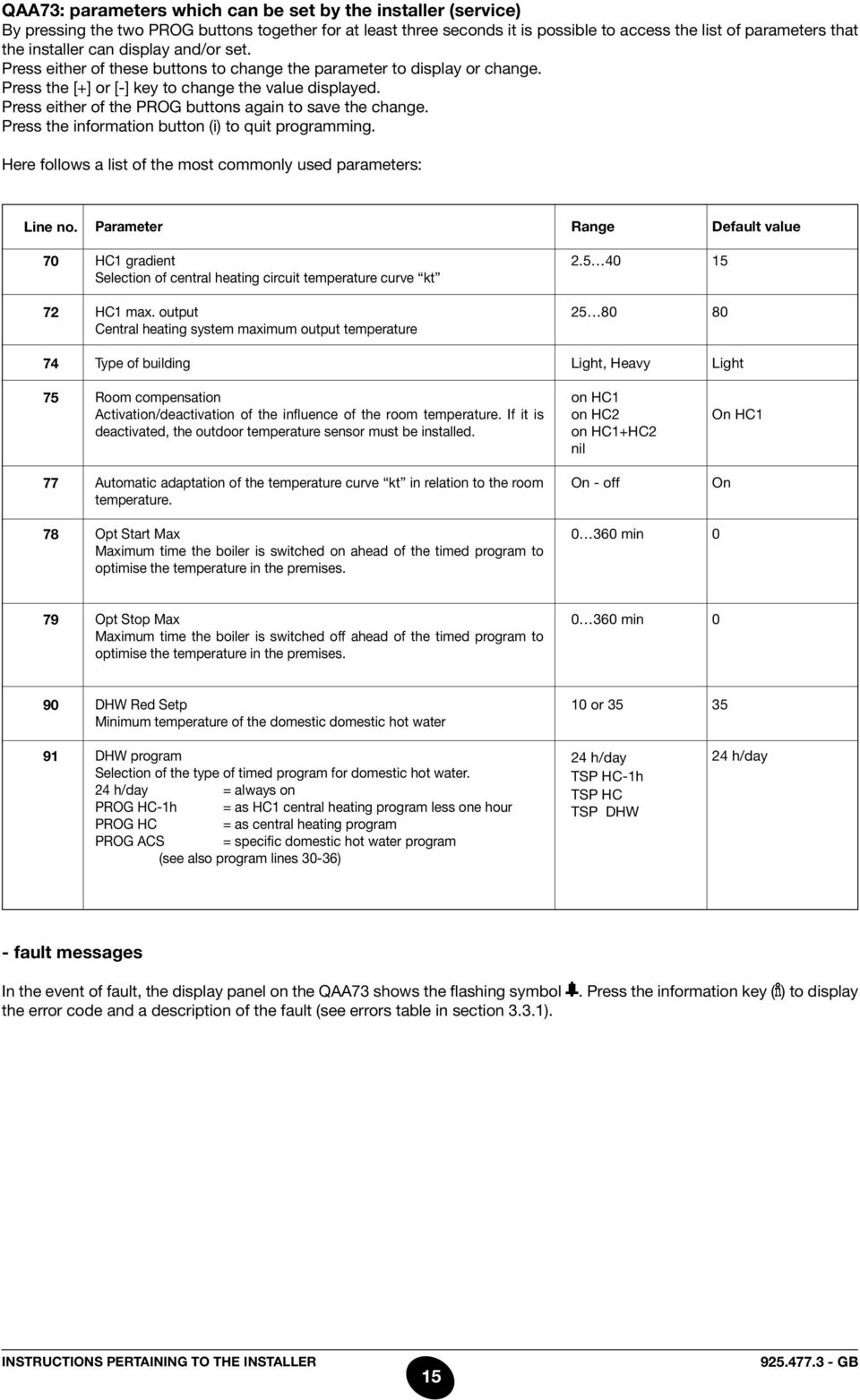 Press either of the PROG buttons again to save the change. Press the information button (i) to quit programming. Here follows a list of the most commonly used parameters: Line no.