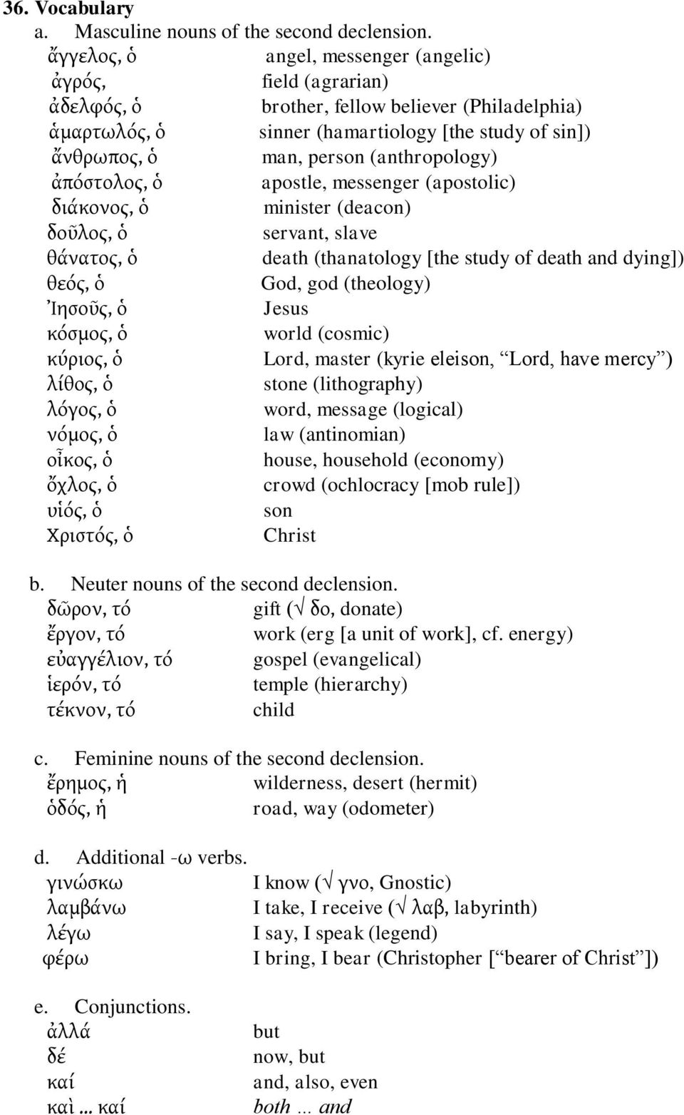 (anthropology) ἀπόστολος, ὁ apostle, messenger (apostolic) διάκονος, ὁ minister (deacon) δοῦλος, ὁ servant, slave θάνατος, ὁ death (thanatology [the study of death and dying]) θεός, ὁ God, god