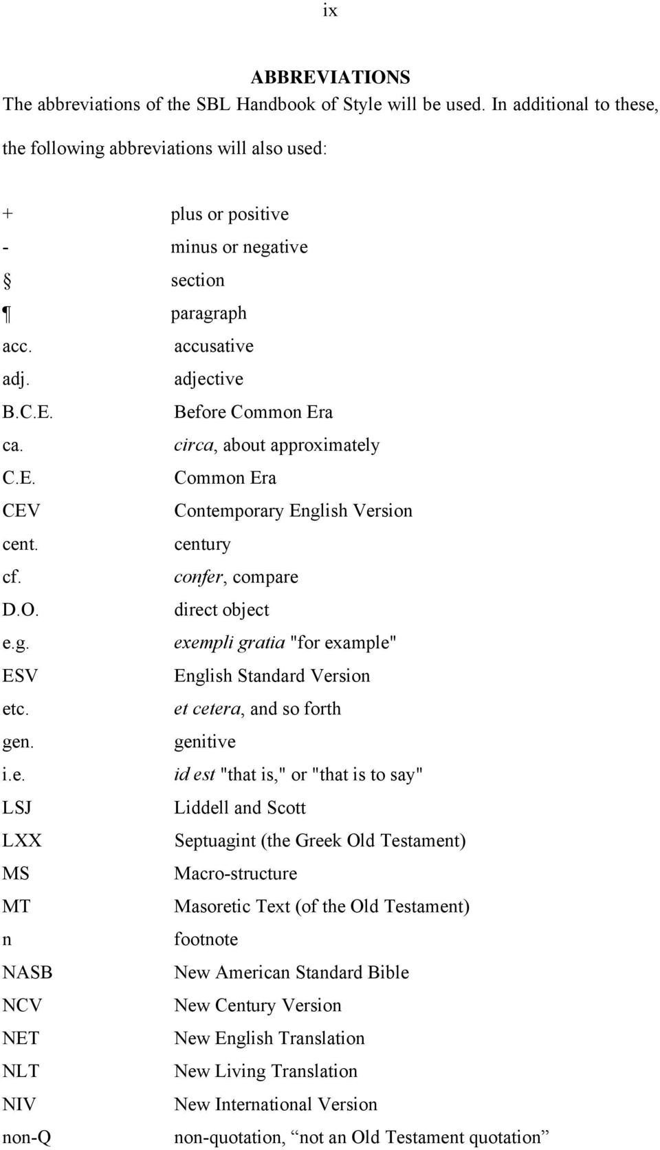 circa, about approximately C.E. Common Era CEV Contemporary English Version cent. century cf. confer, compare D.O. direct object e.g. exempli gratia "for example" ESV English Standard Version etc.