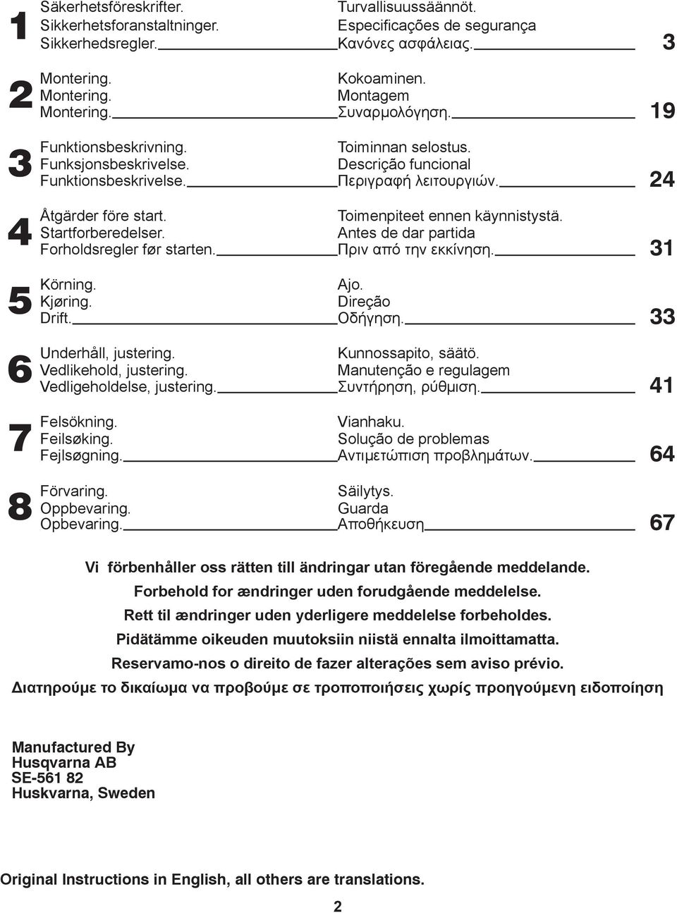 Descrição funcional Funktionsbeskrivelse. Περιγραφή λειτουργιών. 24 före start. Toimenpiteet ennen käynnistystä. Startforberedelser. Antes de dar partida Forholdsregler før starten.