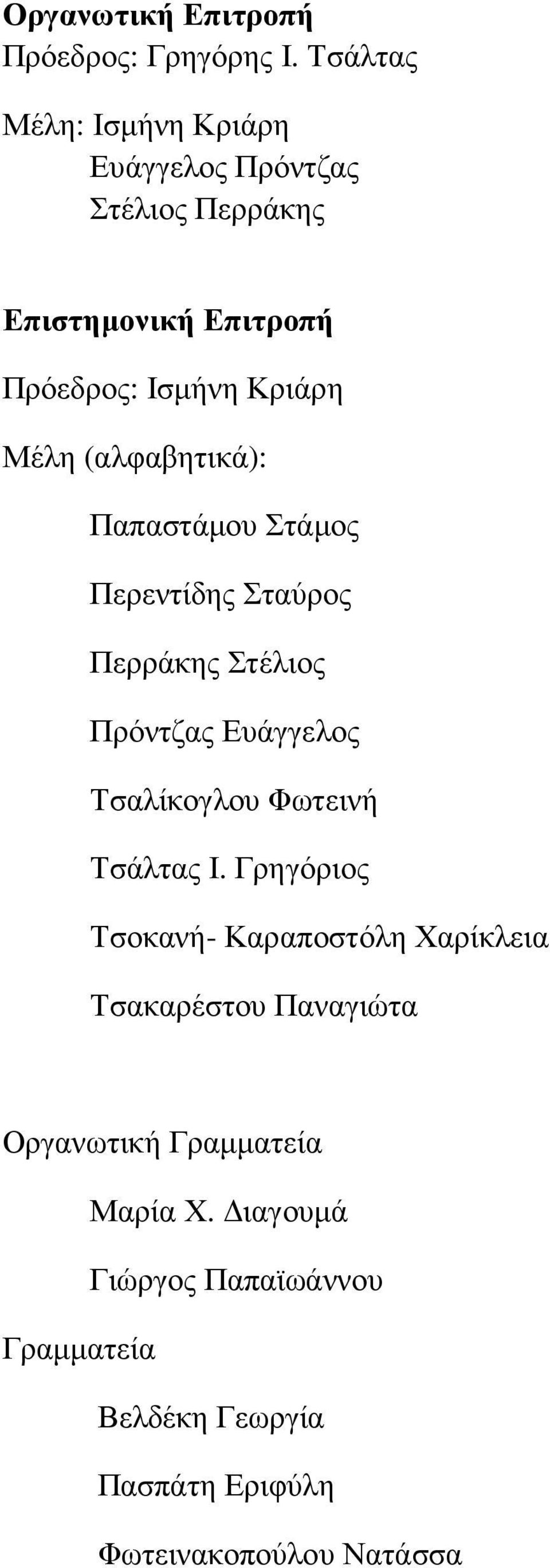 (αλφαβητικά): Παπαστάµου Στάµος Περεντίδης Σταύρος Περράκης Στέλιος Πρόντζας Ευάγγελος Τσαλίκογλου Φωτεινή Τσάλτας