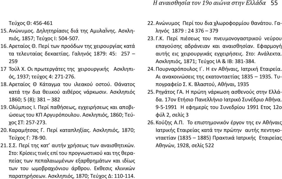 Θάνατος κατά την δια θειικού αιθέρος νάρκωσιν. Ασκληπιός 1860; 5 (8); 381 382 19. Ολύμπιος Ι. Περί παθήσεως, εγχειρήσεως και αποβιώσεως του ΚΠ Αργυρόπουλου. Ασκληπιός, 1860; Τεύχος ΣΤ: 257-273. 20.