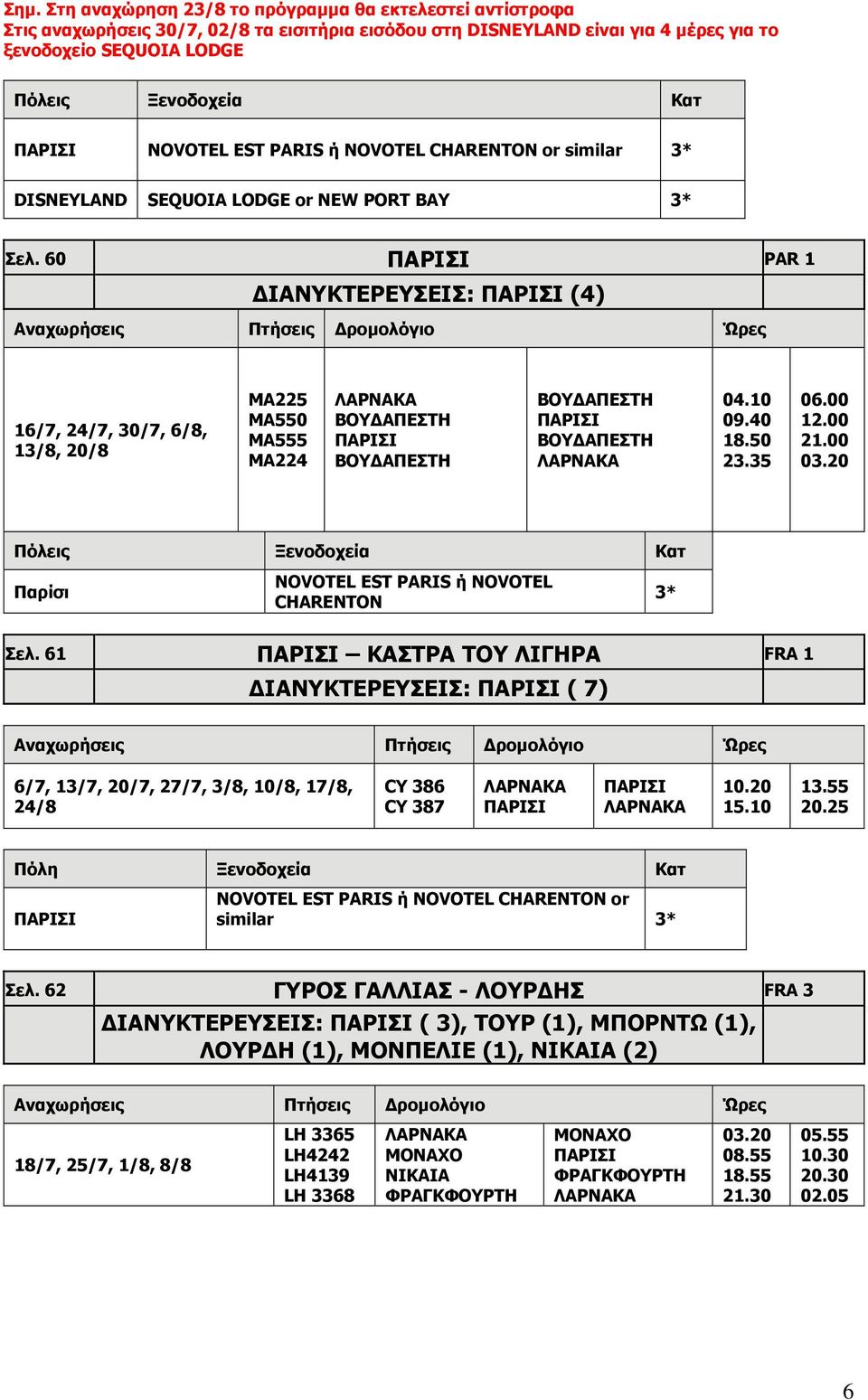 60 ΠΑΡΙΣΙ PAR 1 ΔΙΑΝΥΚΤΕΡΕΥΣΕΙΣ: ΠΑΡΙΣΙ (4) 16/7, 24/7, 30/7, 6/8, 13/8, 20/8 MA225 MA550 MA555 MA224 ΠΑΡΙΣΙ ΠΑΡΙΣΙ 04.10 09.40 18.50 23.35 12.00 21.