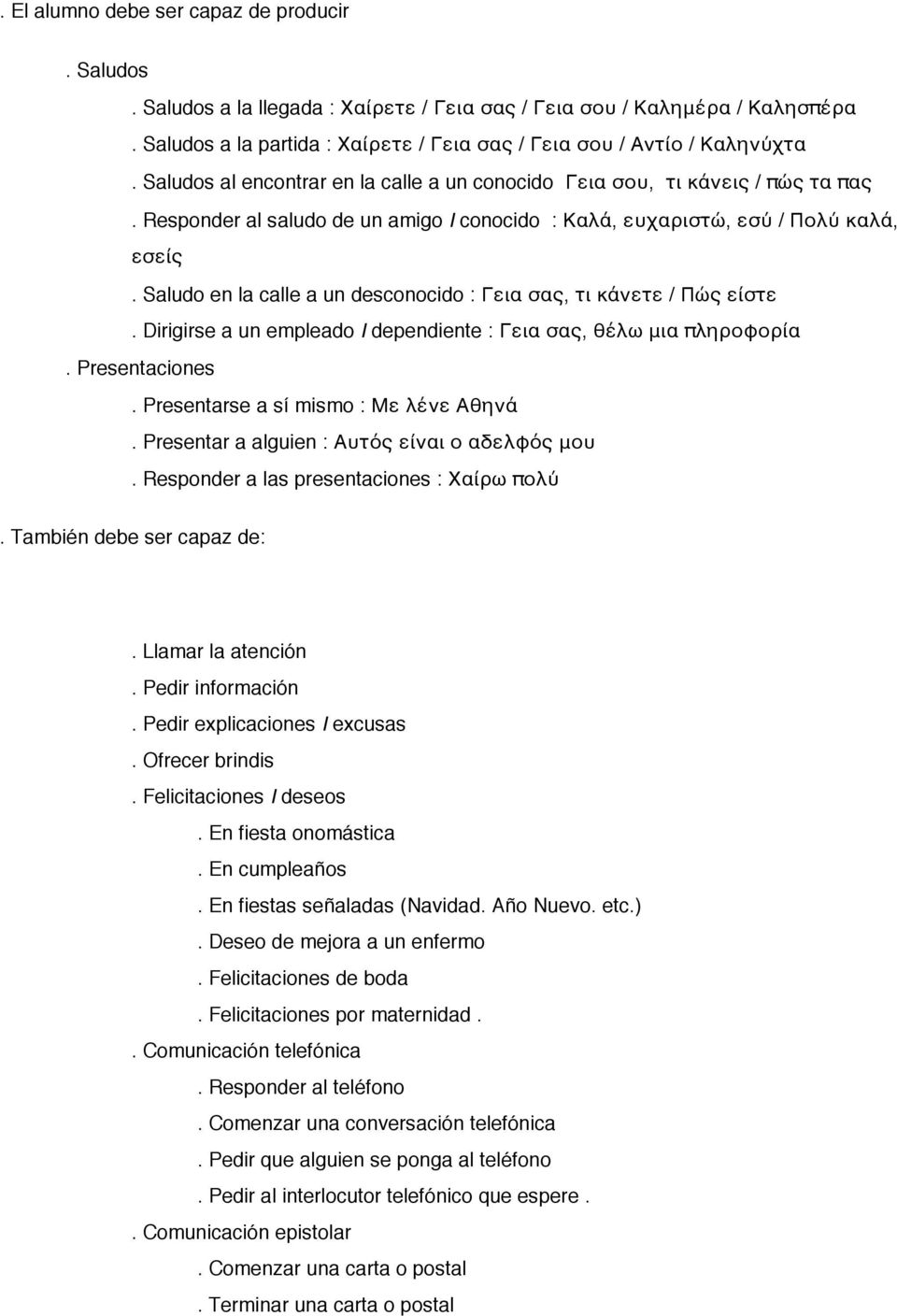 Saludo en la calle a un desconocido : Γεια σας, τι κάνετε / Πώς είστε. Dirigirse a un empleado I dependiente : Γεια σας, θέλω μια πληροφορία. Presentaciones. Presentarse a sí mismo : Με λένε Αθηνά.