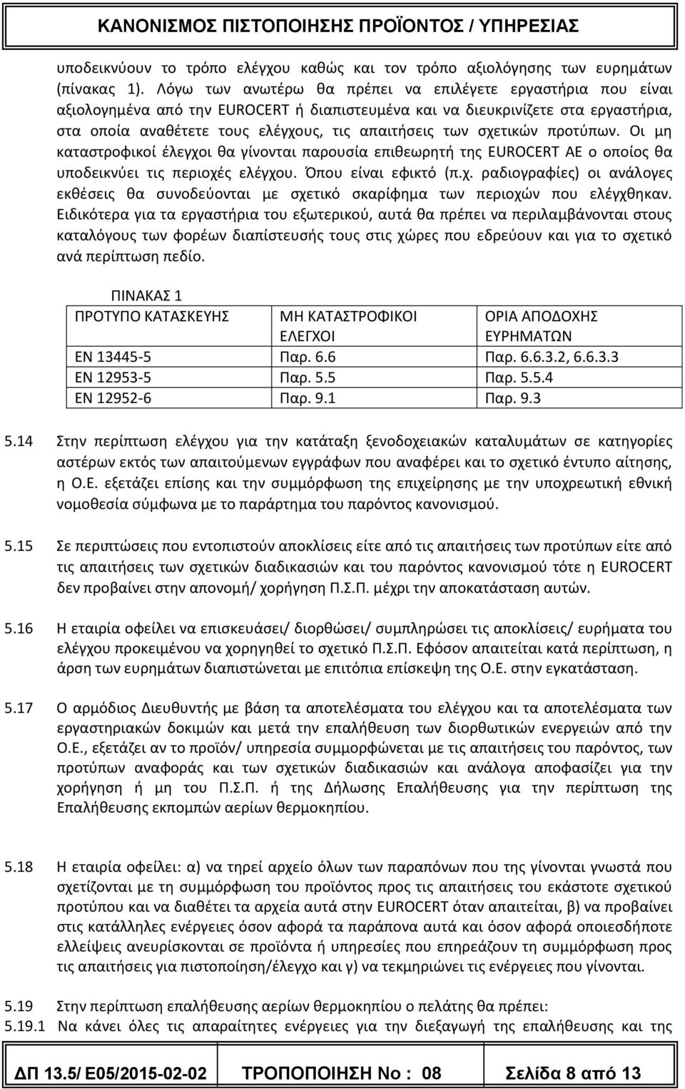 σχετικών προτύπων. Οι μη καταστροφικοί έλεγχοι θα γίνονται παρουσία επιθεωρητή της EUROCERT AE ο οποίος θα υποδεικνύει τις περιοχές ελέγχου. Όπου είναι εφικτό (π.χ. ραδιογραφίες) οι ανάλογες εκθέσεις θα συνοδεύονται με σχετικό σκαρίφημα των περιοχών που ελέγχθηκαν.