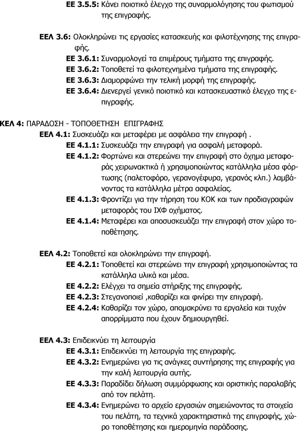 ΚΕΛ 4: ΠΑΡΑ ΟΣΗ - ΤΟΠΟΘΕΤΗΣΗ ΕΠΙΓΡΑΦΗΣ ΕΕΛ 4.1: Συσκευάζει και μεταφέρει με ασφάλεια την επιγραφή. ΕΕ 4.1.1: Συσκευάζει την επιγραφή για ασφαλή μεταφορά. ΕΕ 4.1.2: Φορτώνει και στερεώνει την επιγραφή στο όχημα μεταφοράς χειρωνακτικά ή χρησιμοποιώντας κατάλληλα μέσα φόρτωσης (παλετοφόρο, γερανογέφυρα, γερανός κλπ.