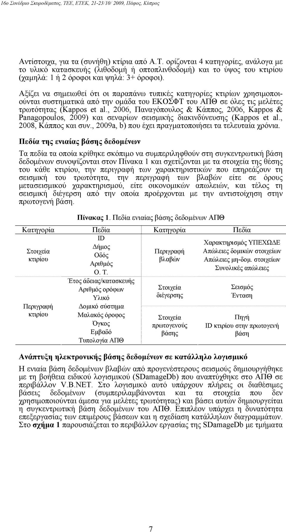 , 2006, Παναγόπουλος & Κάππος, 2006, Kappos & Panagopoulos, 2009) και σεναρίων σεισμικής διακινδύνευσης (Kappos et al., 2008, Κάππος και συν., 2009a, b) που έχει πραγματοποιήσει τα τελευταία χρόνια.