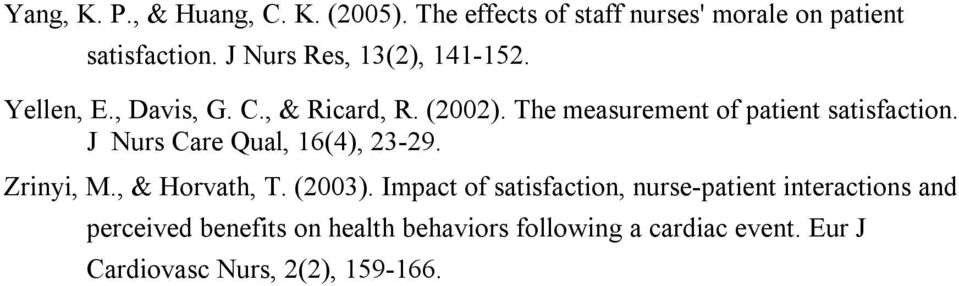 The measurement of patient satisfaction. J Nurs Care Qual, 16(4), 23-29. Zrinyi, M., & Horvath, T. (2003).