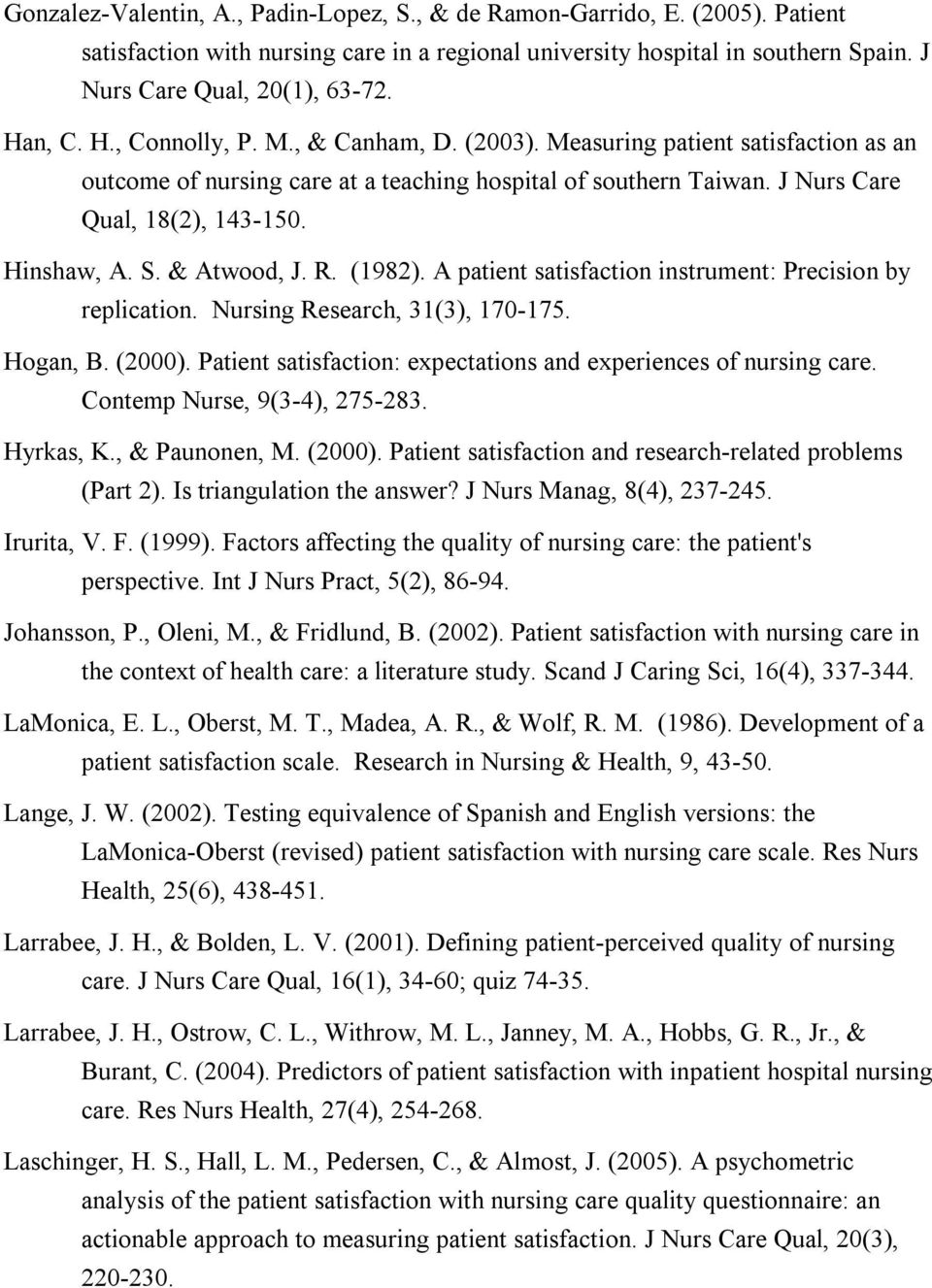 S. & Atwood, J. R. (1982). A patient satisfaction instrument: Precision by replication. Nursing Research, 31(3), 170-175. Hogan, B. (2000).