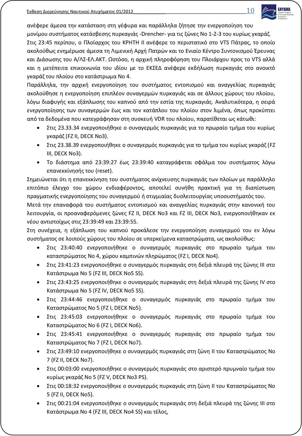 Στις 23:45 περίπου, ο Πλοίαρχος του ΚΡΗΤΗ ΙΙ ανέφερε το περιστατικό στο VTS Πάτρας, το οποίο ακολούθως ενημέρωσε άμεσα τη Λιμενική Αρχή Πατρών και το Ενιαίο Κέντρο Συντονισμού Έρευνας και Διάσωσης