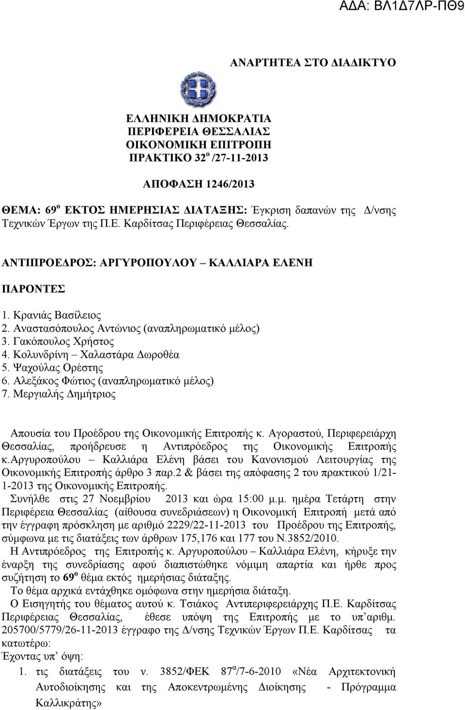 Γακόπουλος Χρήστος 4. Κολυνδρίνη Χαλαστάρα Δωροθέα 5. Ψαχούλας Ορέστης 6. Αλεξάκος Φώτιος (αναπληρωματικό μέλος) 7. Μεργιαλής Δημήτριος Απουσία του Προέδρου της Οικονομικής Επιτροπής κ.