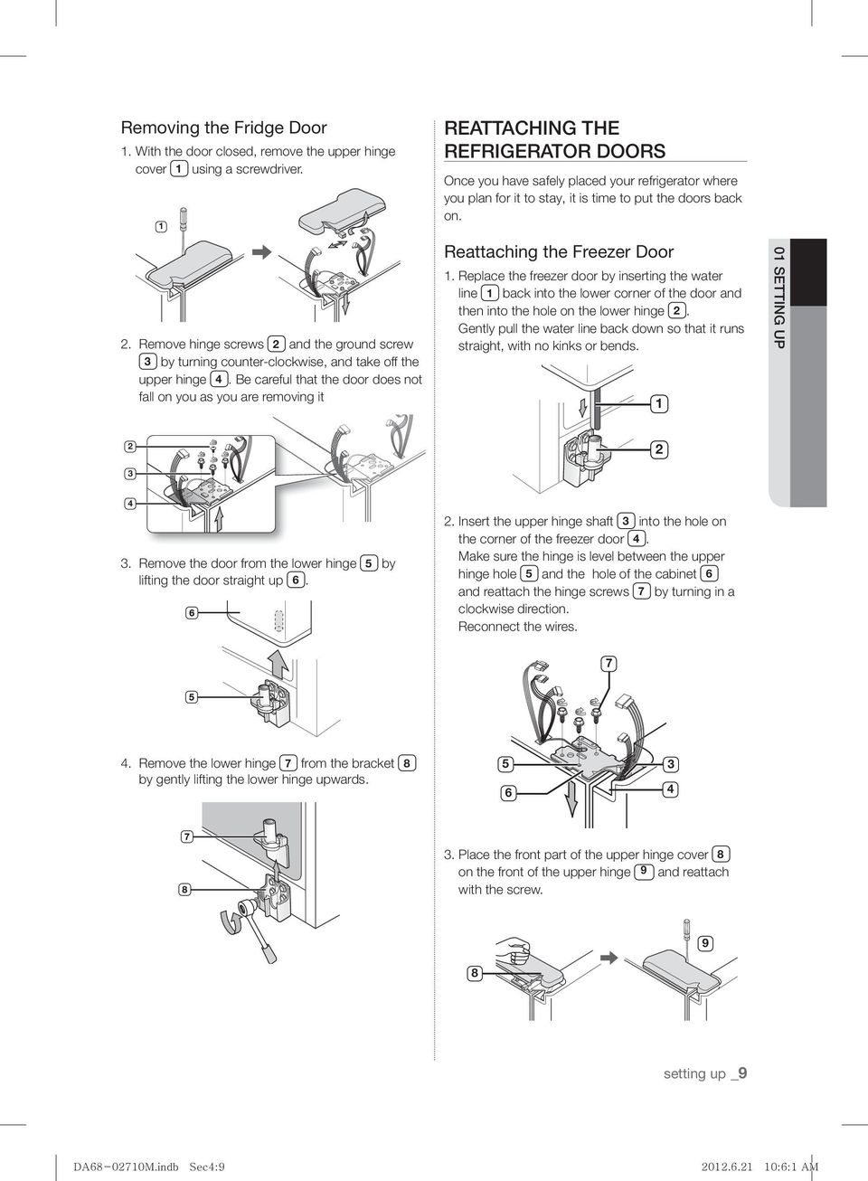 Be careful that the door does not fall on you as you are removing it REATTACHING THE REFRIGERATOR DOORS Once you have safely placed your refrigerator where you plan for it to stay, it is time to put