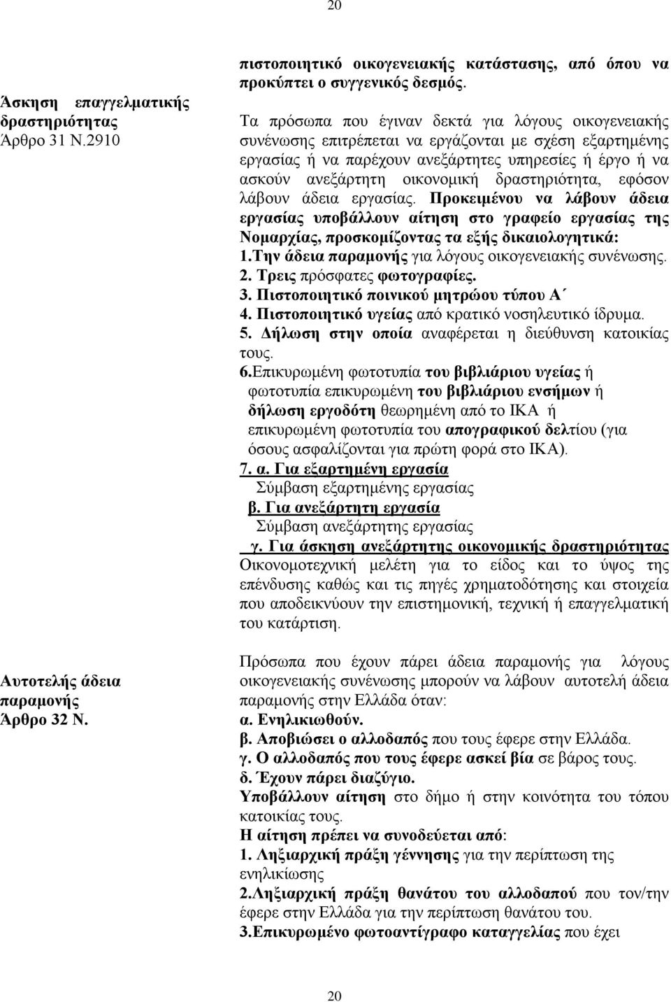 δραστηριότητα, εφόσον λάβουν άδεια εργασίας. Προκειμένου να λάβουν άδεια εργασίας υποβάλλουν αίτηση στο γραφείο εργασίας της Νομαρχίας, προσκομίζοντας τα εξής δικαιολογητικά: 1.