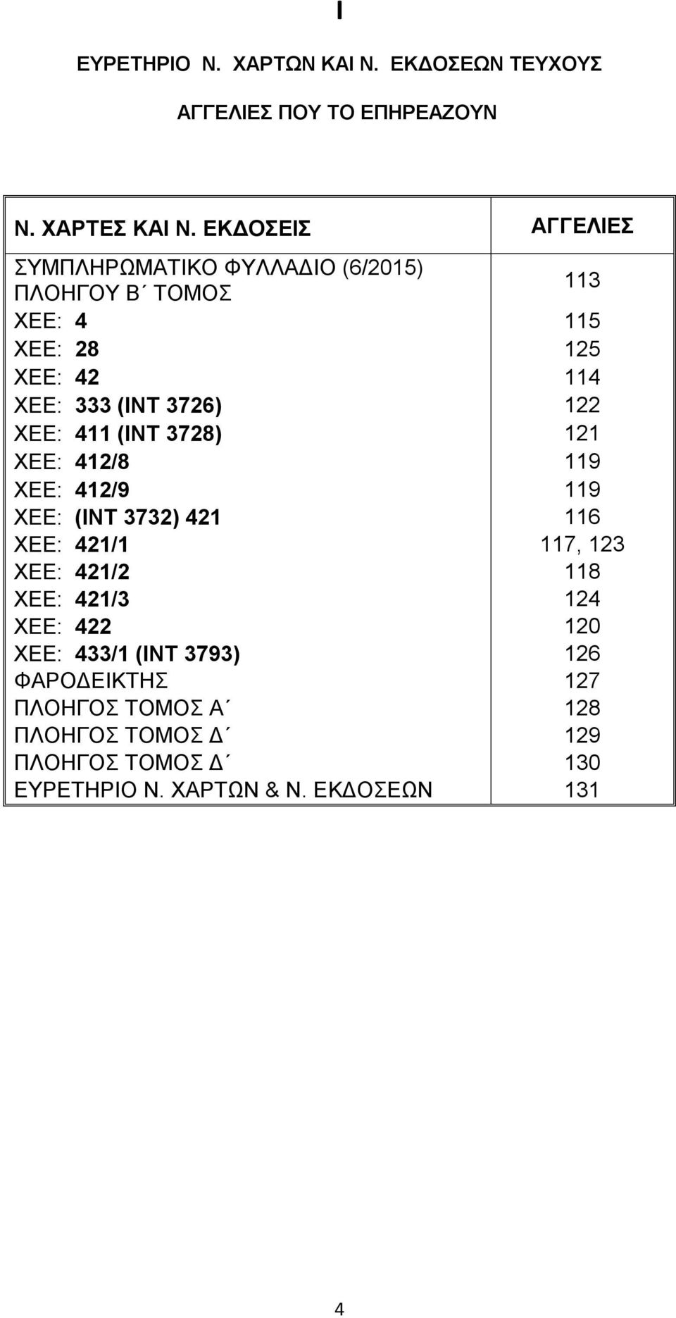 122 ΧΕΕ: 411 (ΙΝΤ 3728) 121 ΧΕΕ: 412/8 119 ΧΕΕ: 412/9 119 ΧΕΕ: (ΙΝΤ 3732) 421 116 ΧΕΕ: 421/1 117, 123 ΧΕΕ: 421/2 118 ΧΕΕ: