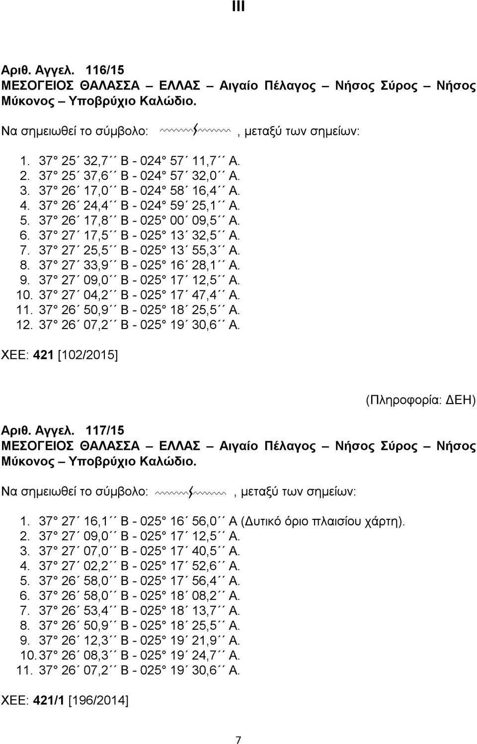 37 27 09,0 B - 025 17 12,5 A. 10. 37 27 04,2 B - 025 17 47,4 A. 11. 37 26 50,9 B - 025 18 25,5 A. 12. 37 26 07,2 B - 025 19 30,6 A. ΧΕΕ: 421 [102/2015] (Πληροφορία: ΔΕΗ) Αριθ. Αγγελ.